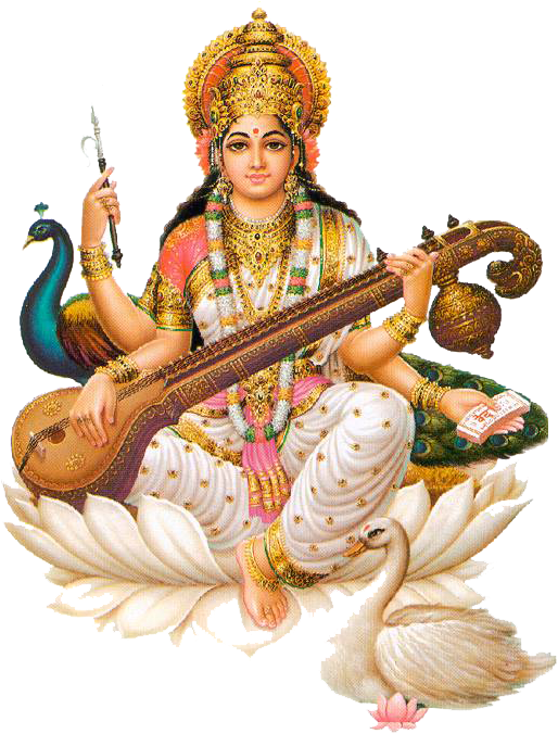 Saraswati 桌布 壁紙 — 一位神聖的女神，佩戴著金色珠寶和色彩繽紛的服飾，優雅地坐在白色蓮花上，手持維納琴，身旁有一隻孔雀和一隻天鵝。