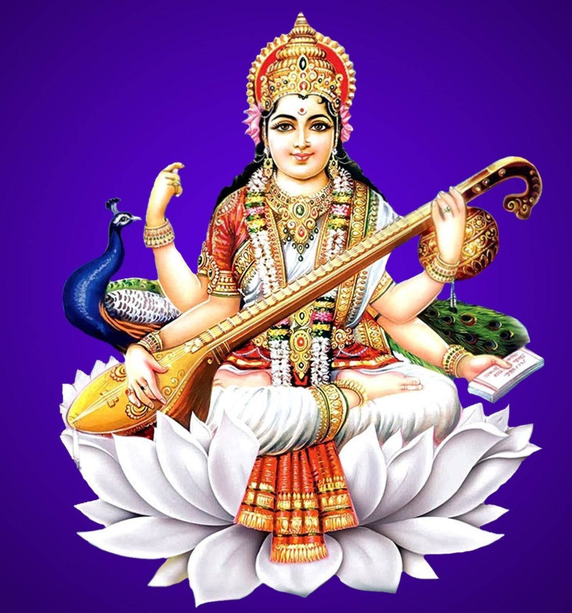 Saraswati Mata 桌布 壁紙 — 一位神聖的女神佩戴著金色和紅色的珠寶，優雅地坐在白色蓮花上，手持維納琴，旁邊有一隻孔雀，背景是深紫色。