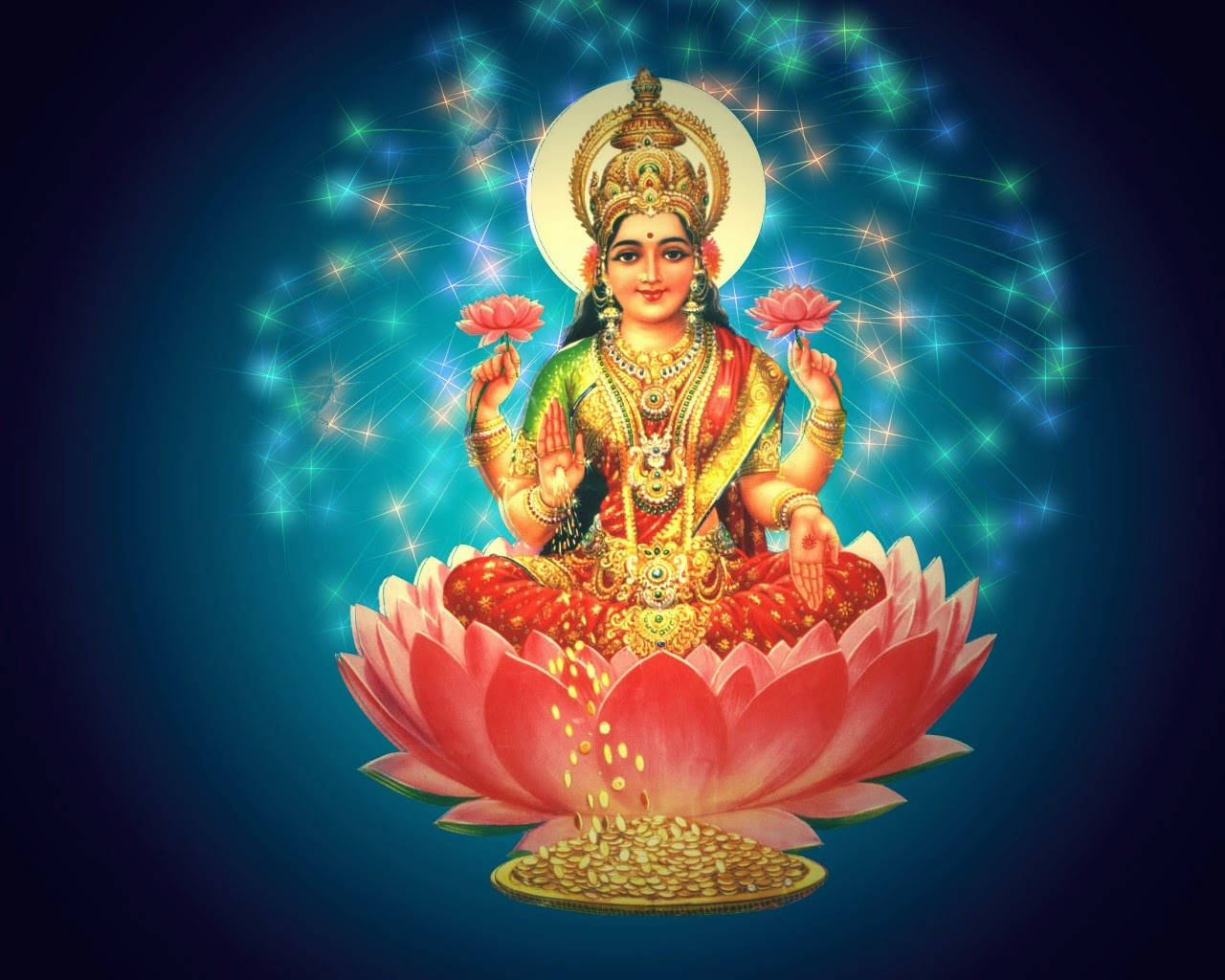 女神坐在粉紅色蓮花上，周圍有金幣和閃爍的星星。 — 拉克什米女神 壁紙