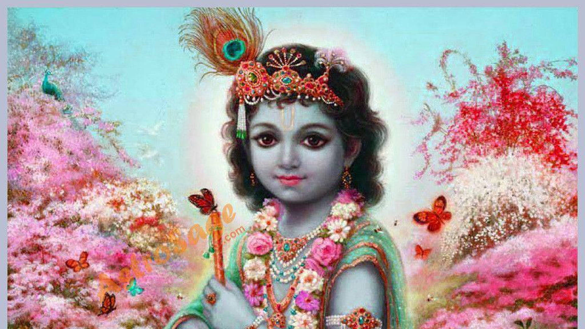 little krishna HD 桌布 壁紙 — 一位神聖的孩子戴著孔雀羽毛冠冕和花環，站在盛開的粉紅樹木和翩翩飛舞的蝴蝶之間，背景是柔和的藍天。