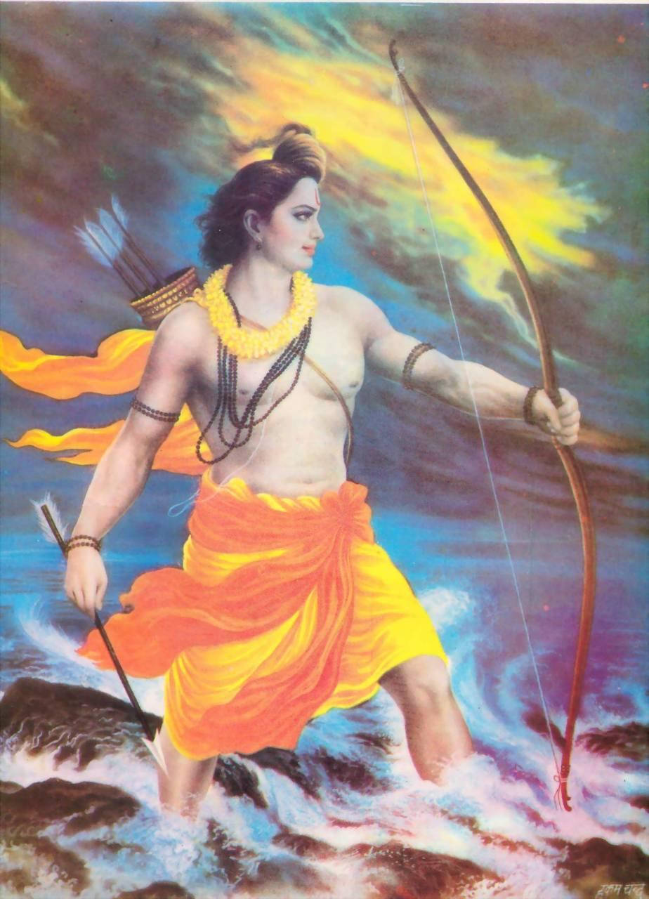 jai shri ram 桌布 壁紙 — 一位神聖的弓箭手站在洶湧的水中，手持弓箭，身後有熾熱的能量旋轉。