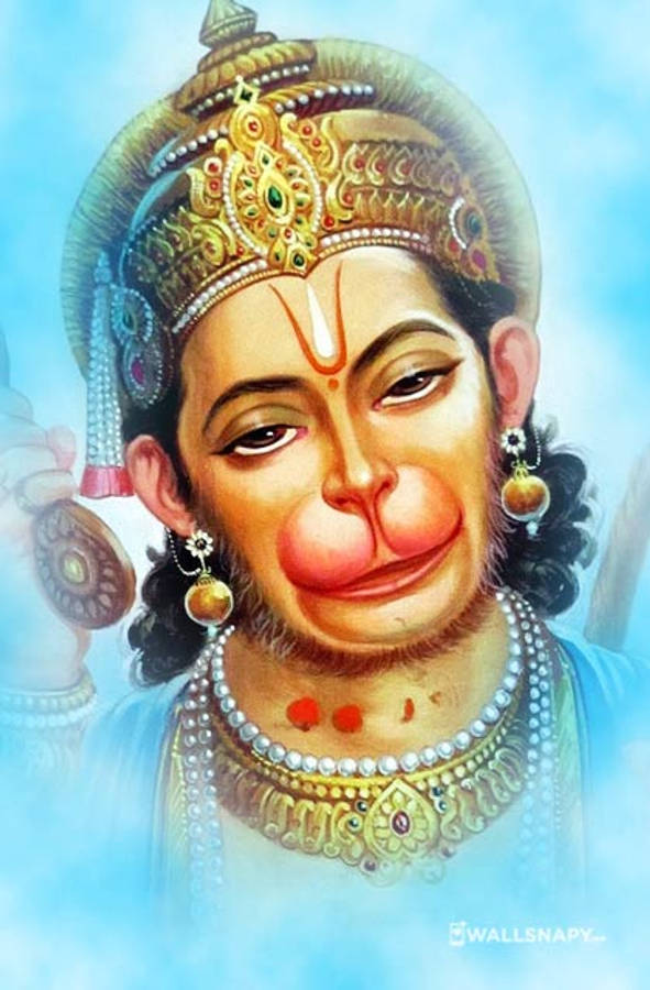 hanuman art 桌布 壁紙 — 一位神聖的猴神，佩戴著金色珠寶和皇冠，背景是柔和的藍天。
