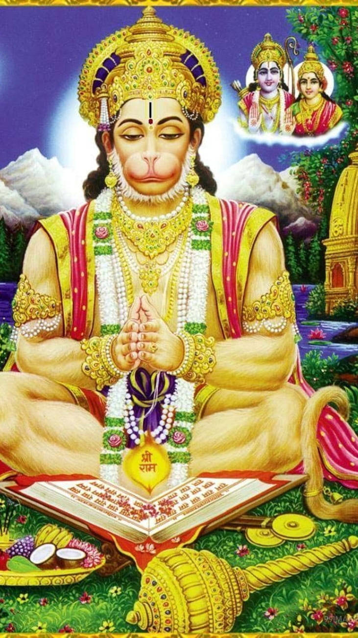 lord hanuman 桌布 壁紙 — 一位神聖的猴神，佩戴金色珠寶，冥想地坐在蓮花寶座上，周圍有神聖經文和供品。