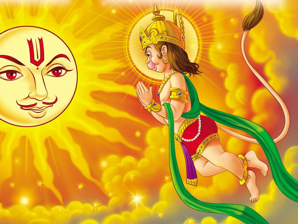 Orange 桌布 壁紙 — 一位神聖的猴神，戴著金色皇冠和綠色披巾，在熾熱的金色天空下向光芒四射的太陽臉龐鞠躬。