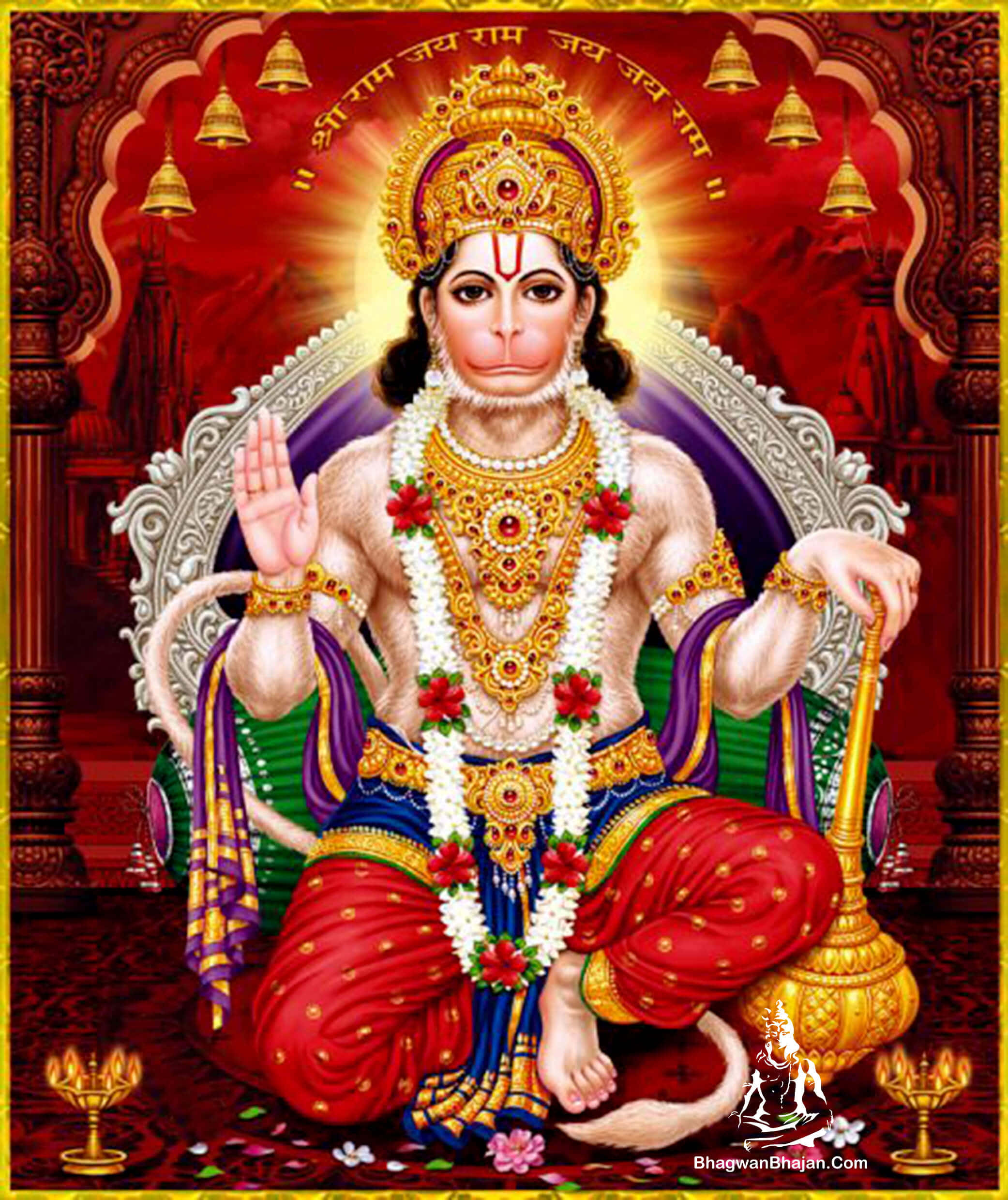 Hanuman 桌布 壁紙 — 一位神聖的猴神，飾有黃金珠寶和紅色服飾，威嚴地坐在華麗的寶座上，背景是耀眼的紅色。