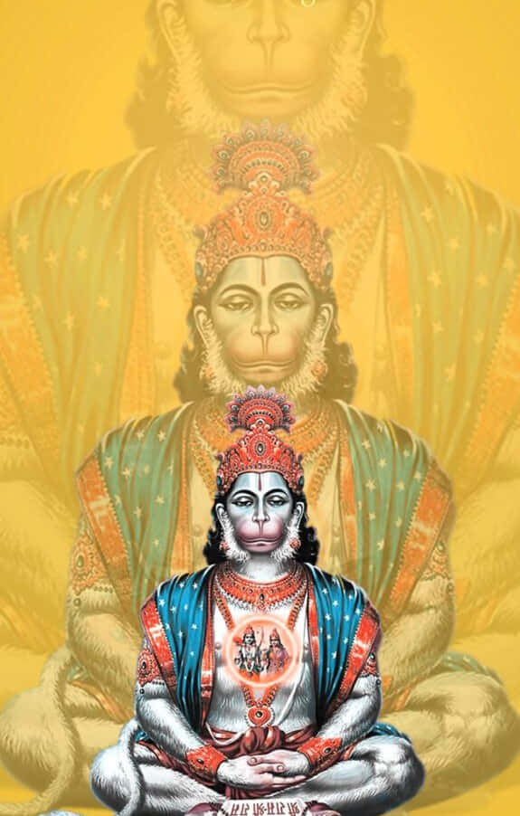 Hanuman 桌布 壁紙 — 一位神聖的猴神穿著華麗的藍色和紅色長袍，散發著光芒，在金色背景前冥想，周圍環繞著更大的空靈猴形。