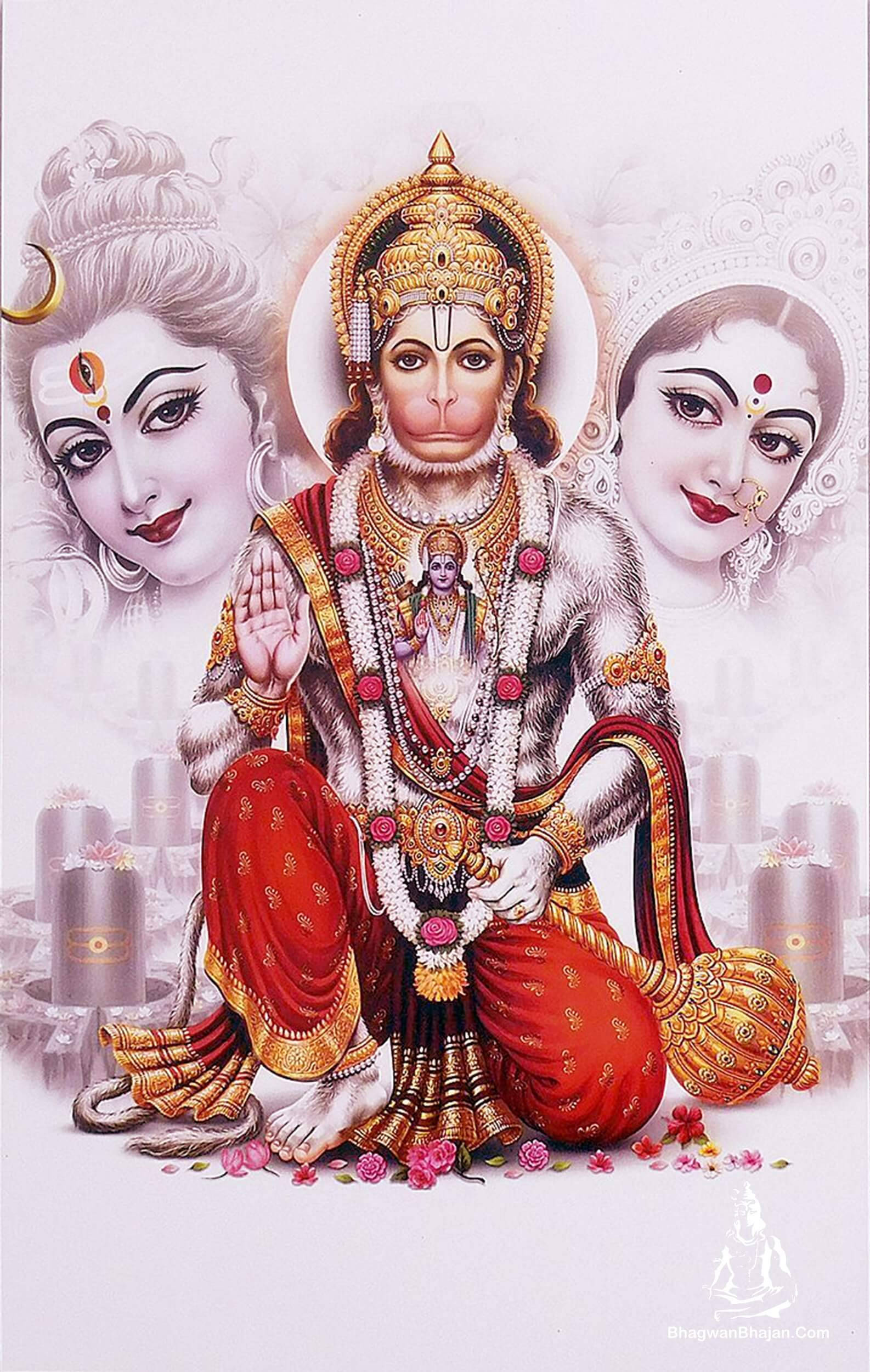 hanuman art 桌布 壁紙 — 一位神聖的猴神身穿紅金服飾，在閃爍的蠟燭和花卉供品中，由兩位女神陪伴，安詳地坐著。