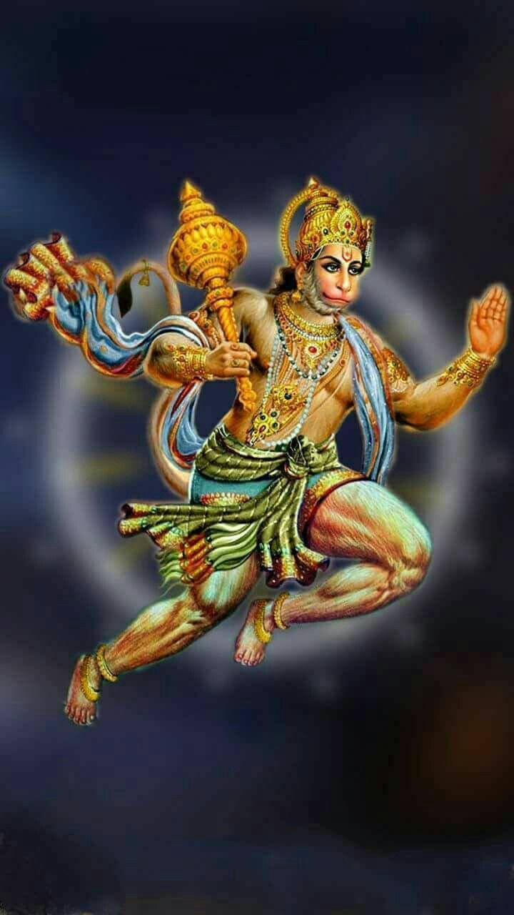 Hanuman 桌布 壁紙 — 一位神聖的猴神身穿金色盔甲和皇冠，在黑暗的宇宙背景下動態跳躍，揮舞著狼牙棒和飄逸的藍色圍巾。