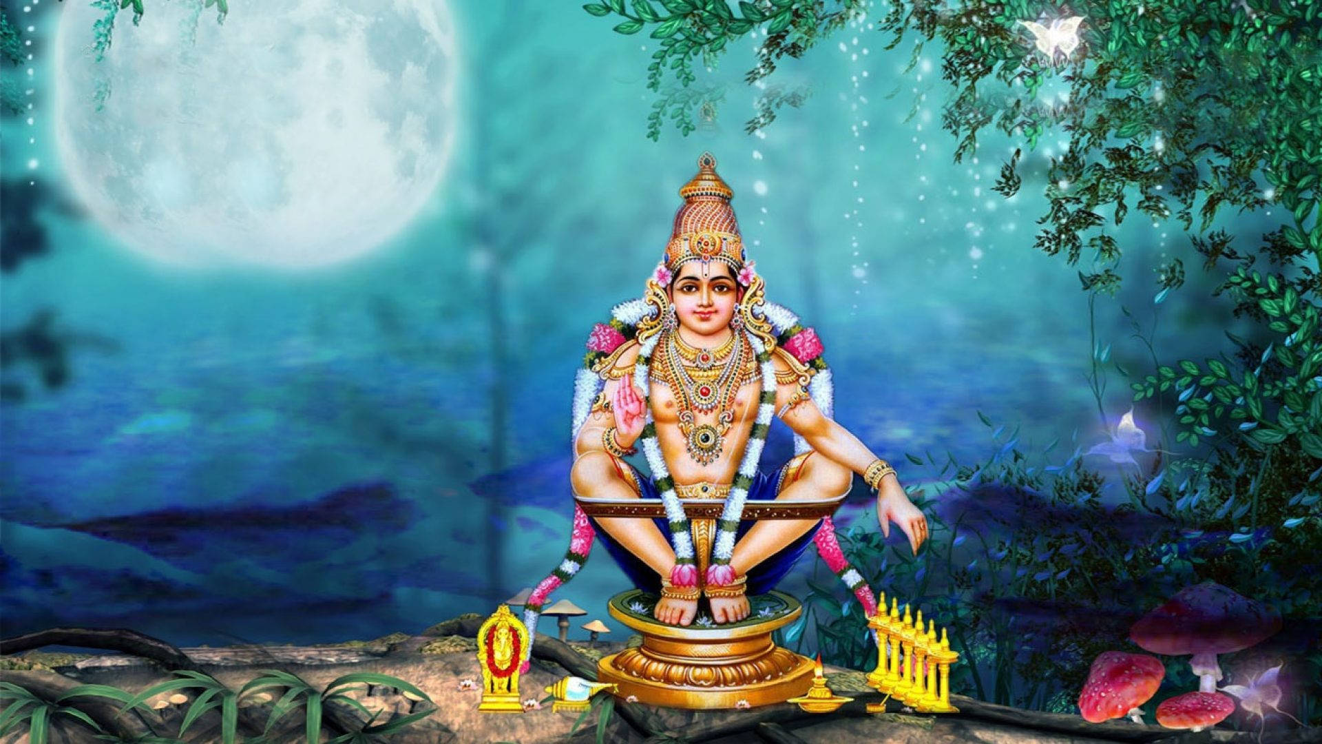 Ayyappa 桌布 壁紙 — 一位神聖的神祇安詳地坐在金色王座上，在神秘的森林中，滿月照耀，周圍有發光的蘑菇和蝴蝶。