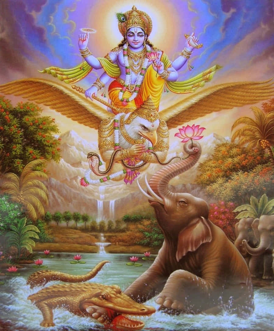 Indian God 桌布 壁紙 — 一位神聖的紫色皮膚、多臂的神祇騎著金鷹飛越叢林河流，大象和鱷魚在燦爛的天空下互動。