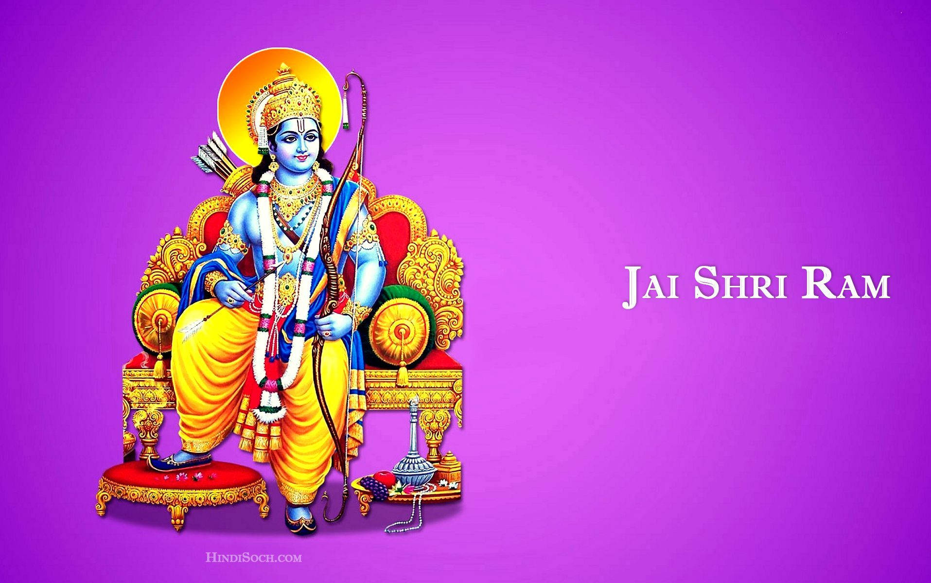 藍皮膚印度教神祇坐在華麗金色寶座上，紫色背景上有「Jai Shri Ram」文字。 — 萬福瑪哈拉賜福高清壁紙 壁紙