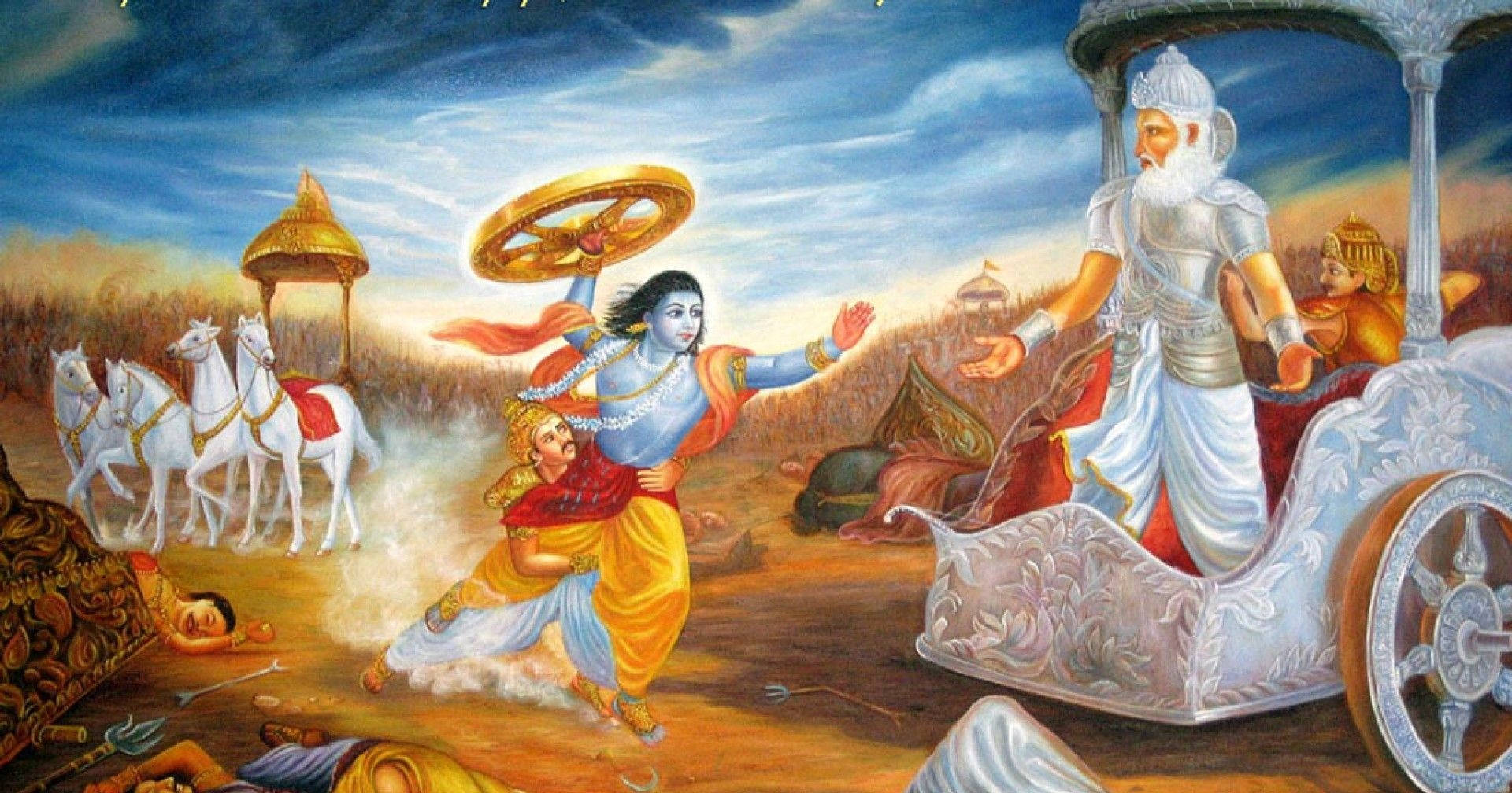 Krishna Arjun 桌布 壁紙 — 一位神聖的藍皮膚戰士揮舞著金色圓盤，與一輛由馬拉動的白色戰車在神話般的戰鬥場景中交戰。