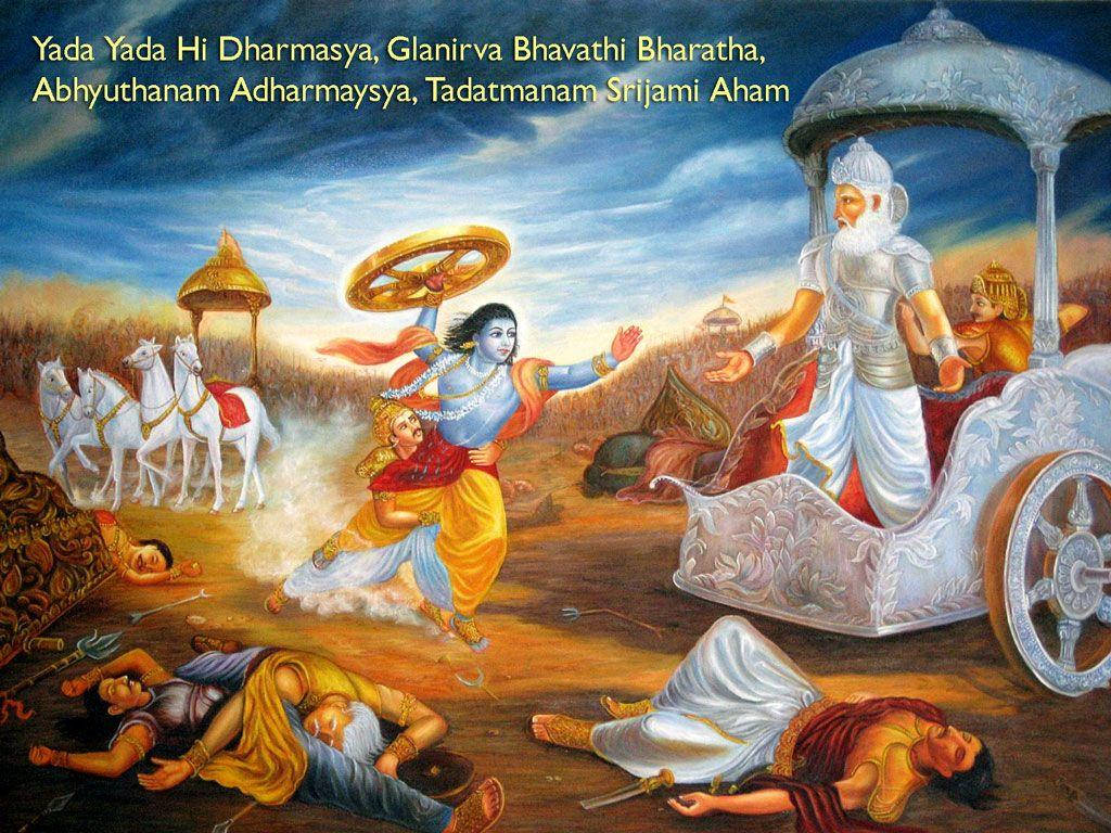 Bhagavad Gita 桌布 壁紙 — 一位神聖的藍皮膚戰士身穿黃色長袍，與一輛載有鬍鬚聖人的白色戰車戰鬥，倒下的戰士躺在塵土飛揚的地上。