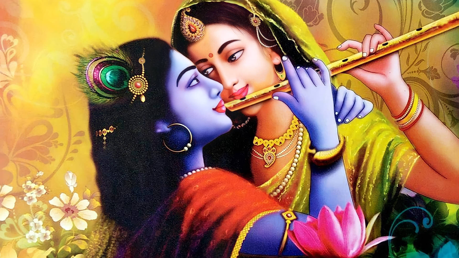 radha krishna 3d 桌布 壁紙 — 一位神聖的藍皮膚男子，頭戴孔雀羽毛飾物，親吻一位穿著黃色紗麗的女子，她正在金色花卉背景下吹奏長笛。