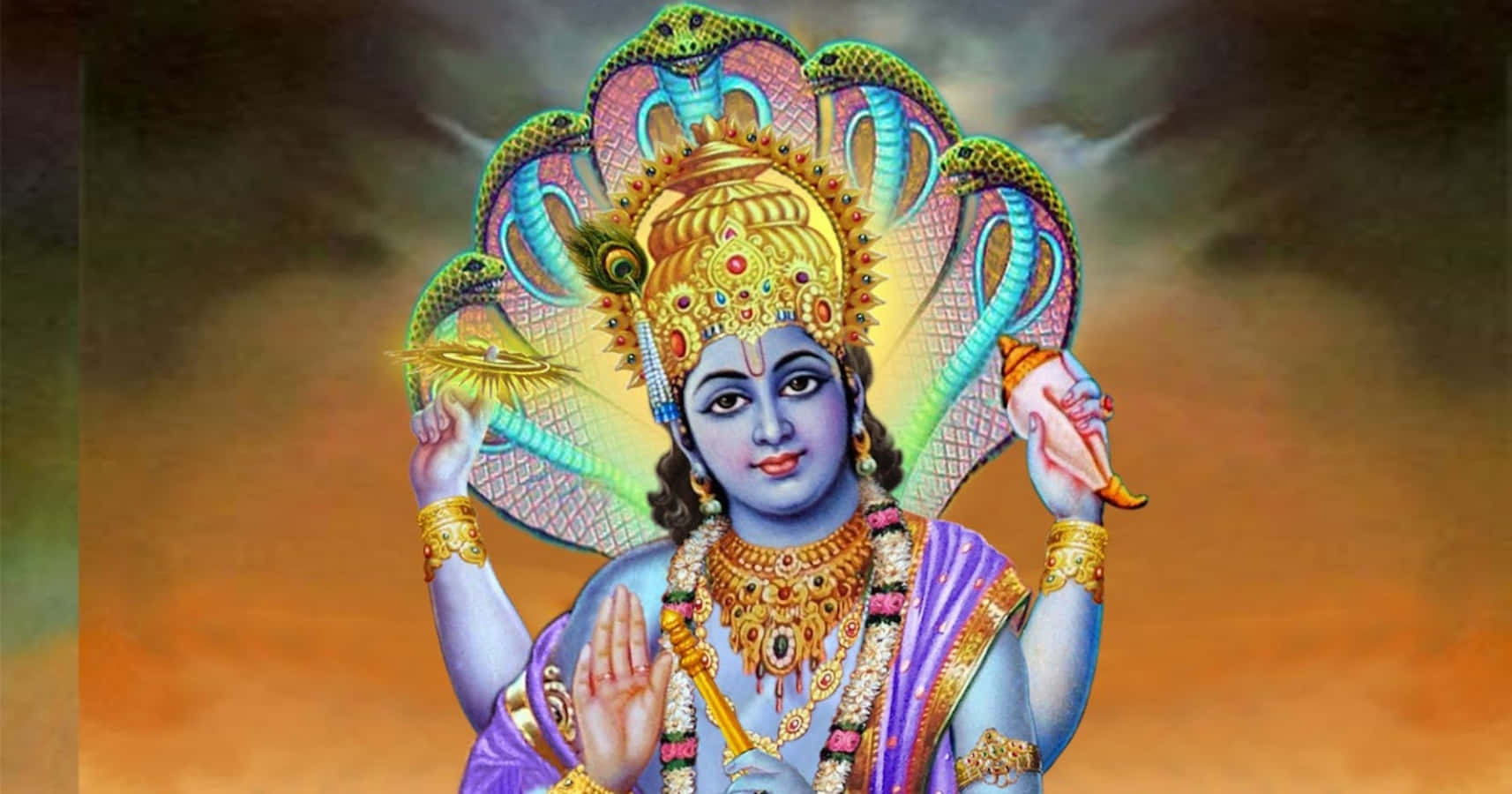Indian God 桌布 壁紙 — 一位神聖的藍皮膚神祇，四臂手持法螺、圓盤和棍棒，背後多頭蛇冠閃耀。