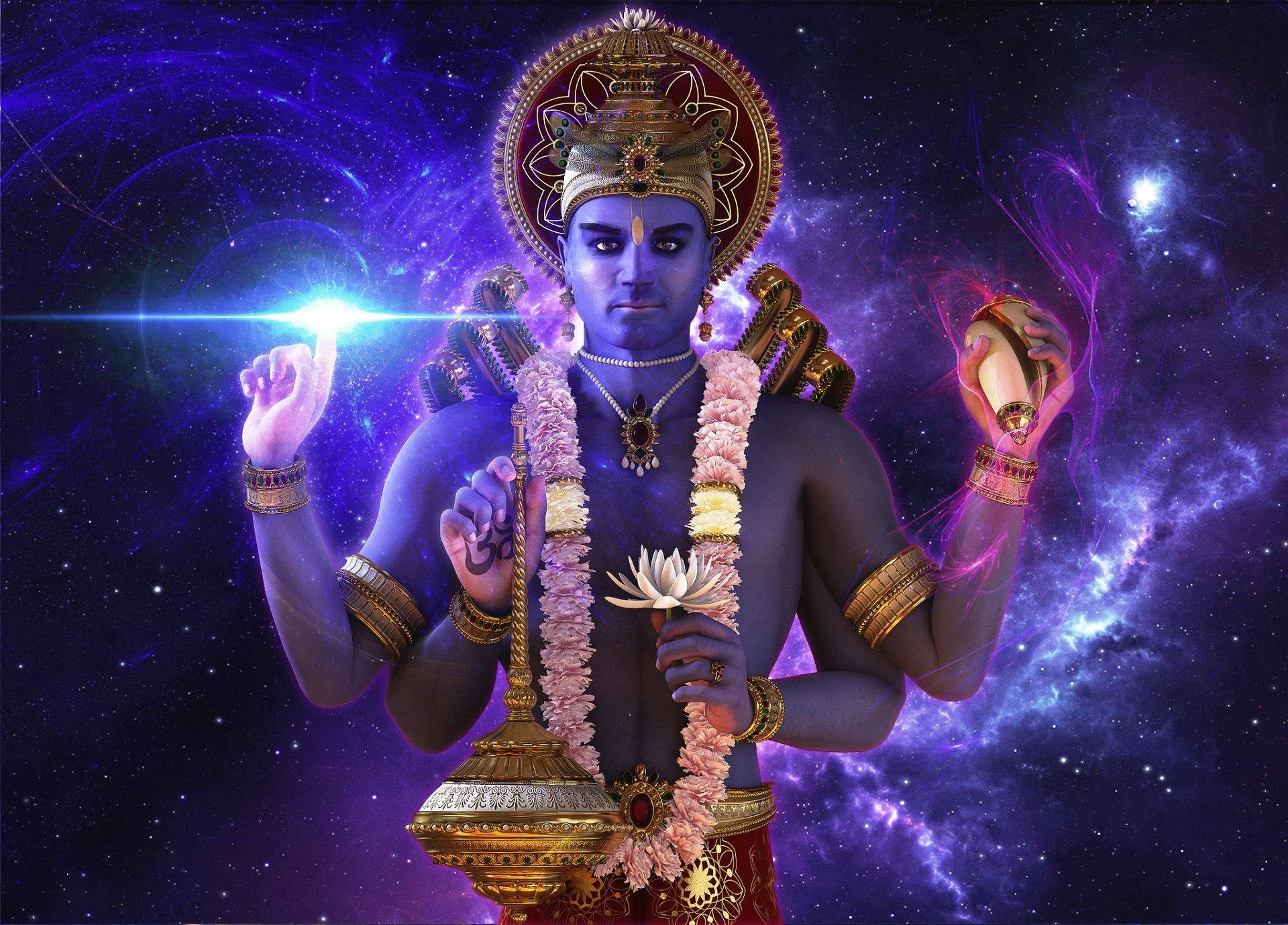 Vishnu 桌布 壁紙 — 一位神聖的藍皮膚神祇，多臂手持聖物，背景是散發紫色和藍色能量的宇宙星場。