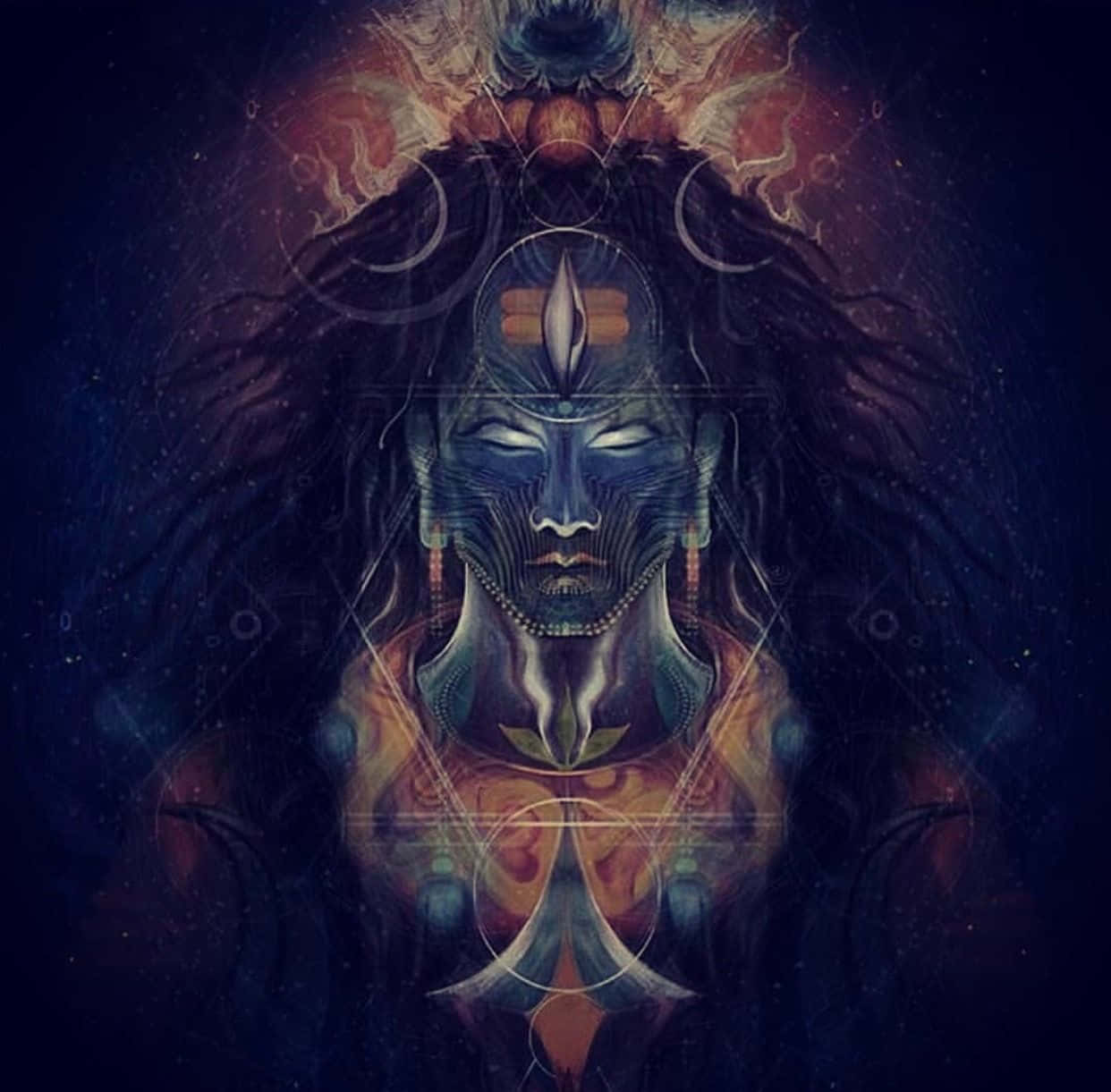印度 桌布 壁紙 — 一位神聖的藍皮膚神祇，擁有發光的眼睛和宇宙符號，在繁星點點的黑暗背景中散發力量。