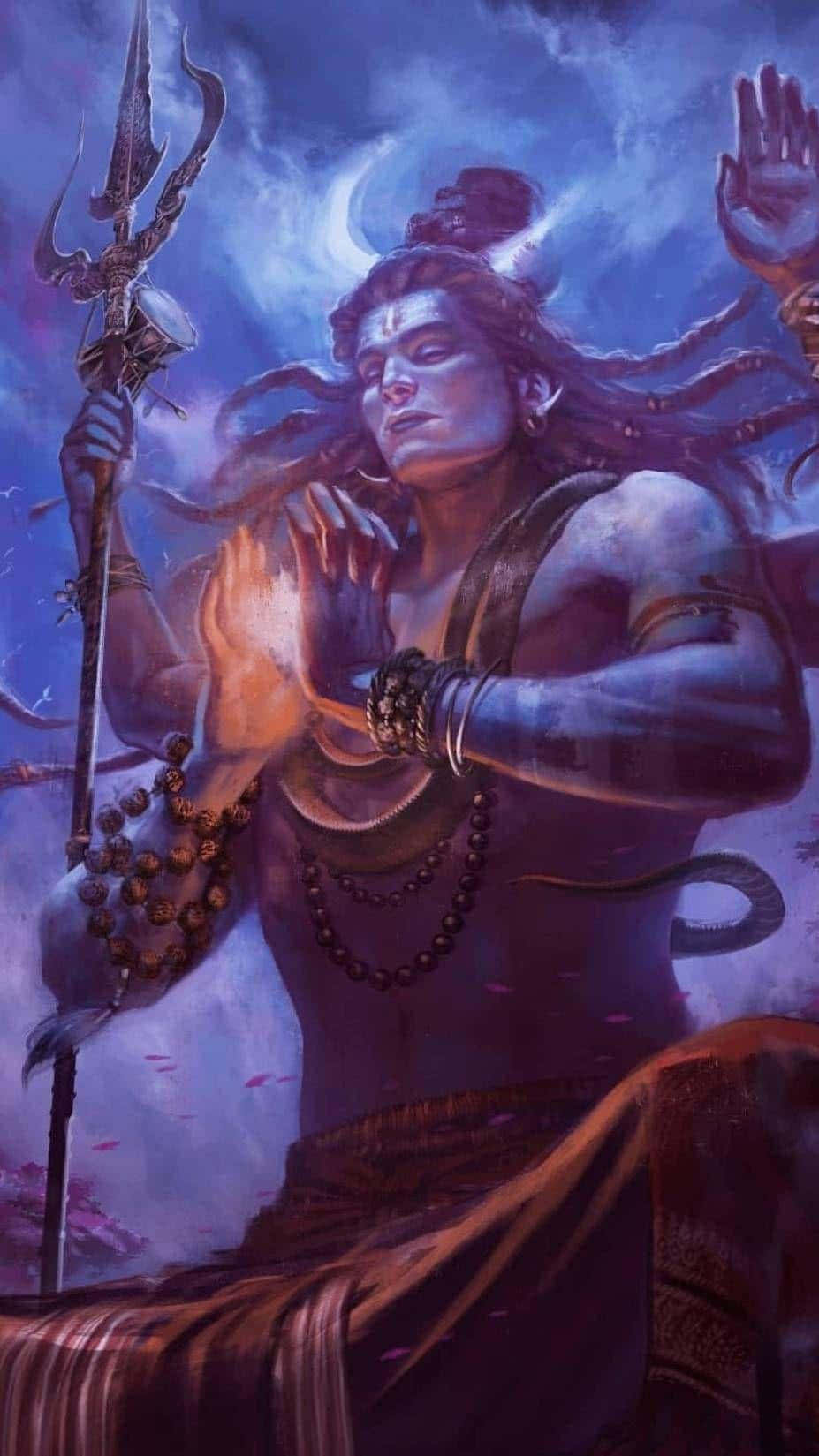 India 桌布 壁紙 — 一位神聖的藍皮膚神祇，留著辮子，手持三叉戟，在月光下的暴風雨天空中從掌心噴出火焰。