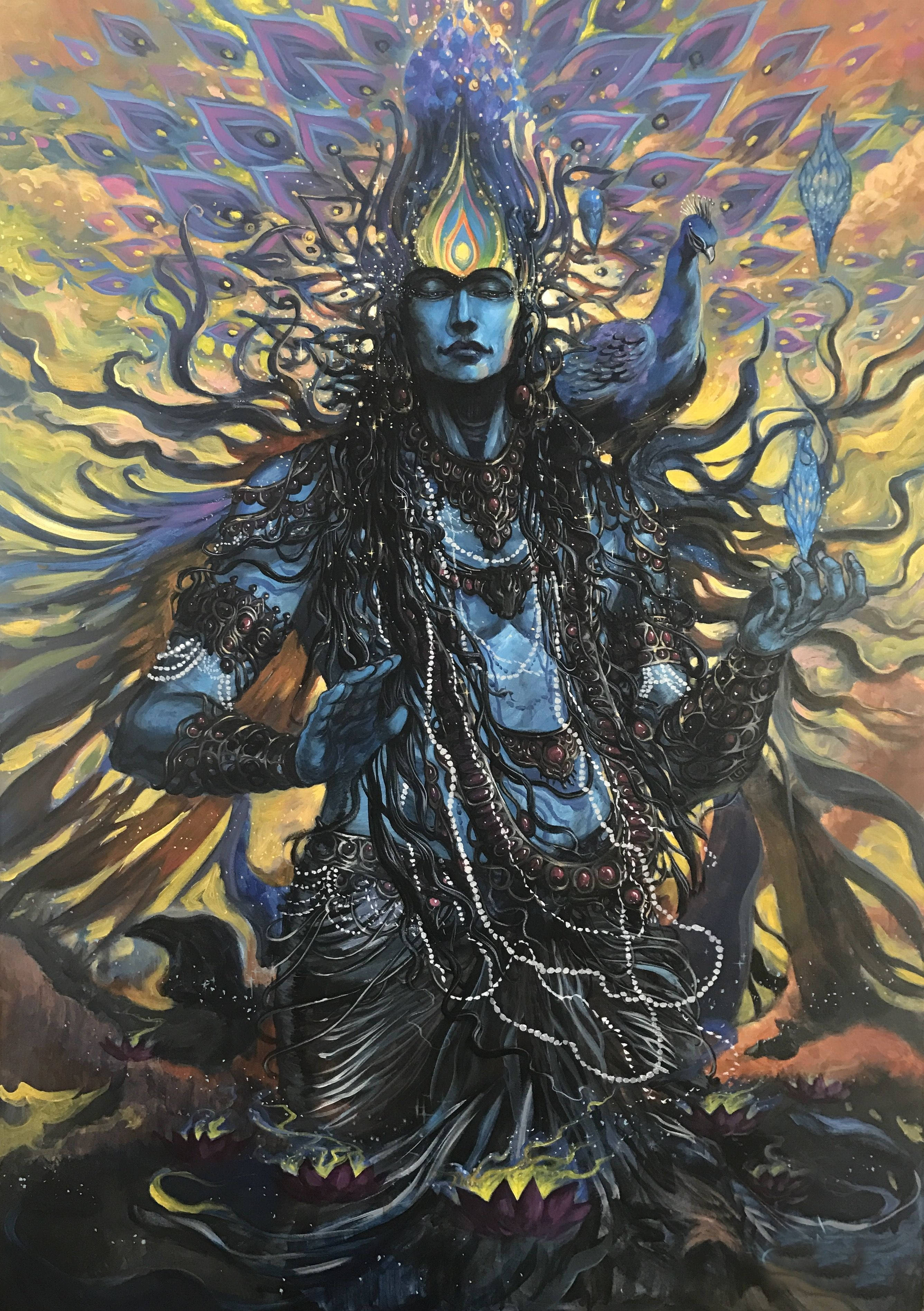 Vishnu 桌布 壁紙 — 一位神聖的藍皮膚神祇，頭戴燦爛的孔雀冠冕，身披飄逸長袍，立於旋轉的金色與紫色宇宙能量之中。