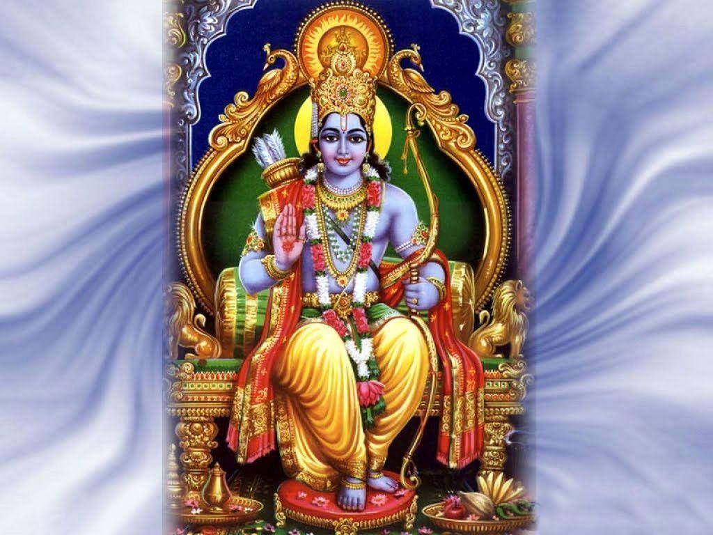 Hindu God 桌布 壁紙 — 一位神聖的藍皮膚神祇，頭戴金冠、佩戴珠寶，威嚴地坐在華麗的寶座上，背景是旋轉的藍色。