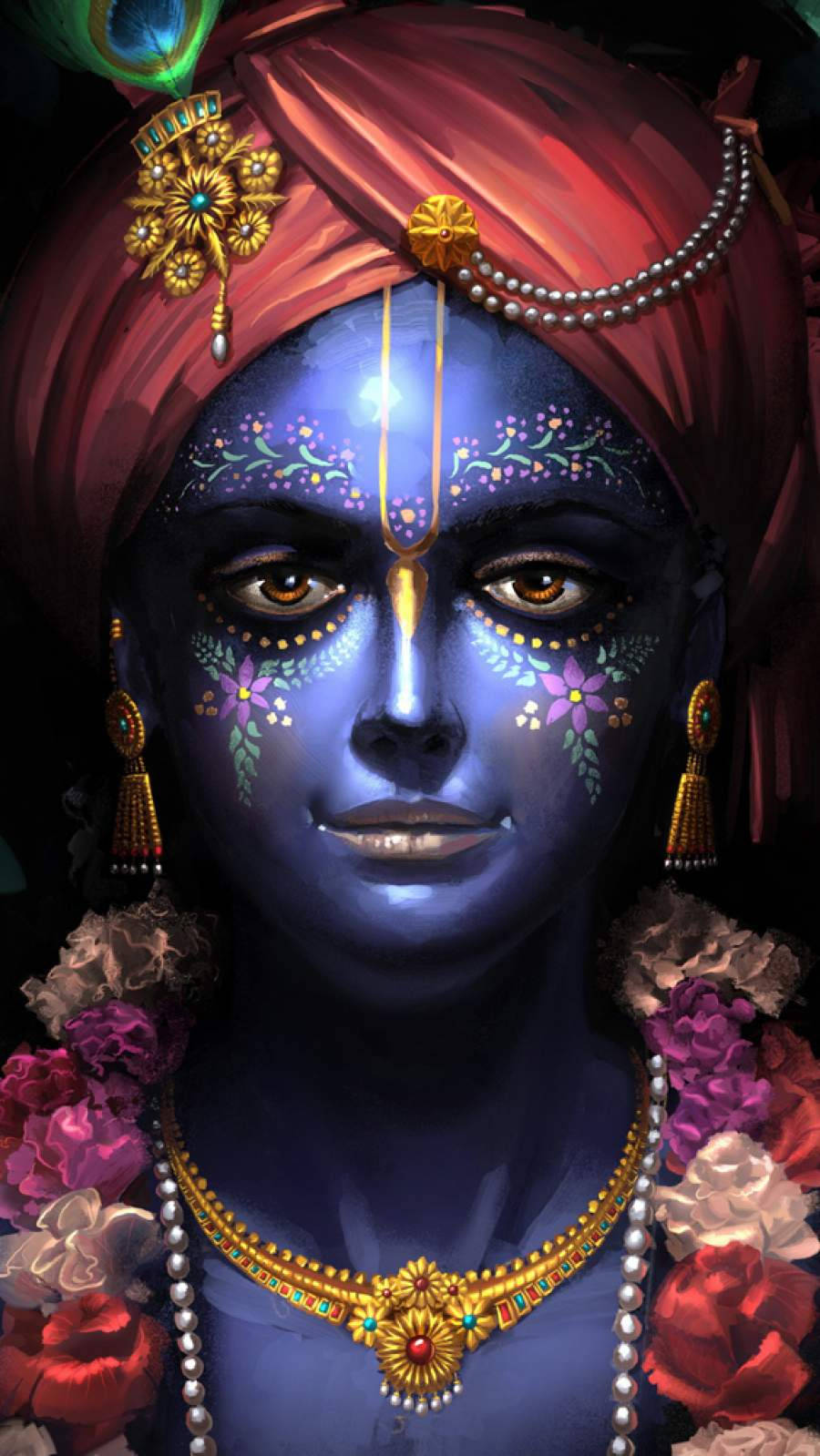 krishna iPhone 桌布 壁紙 — 一位神聖的藍皮膚神祇，飾有黃金珠寶和紅色頭巾，在黑暗背景下寧靜地凝視。