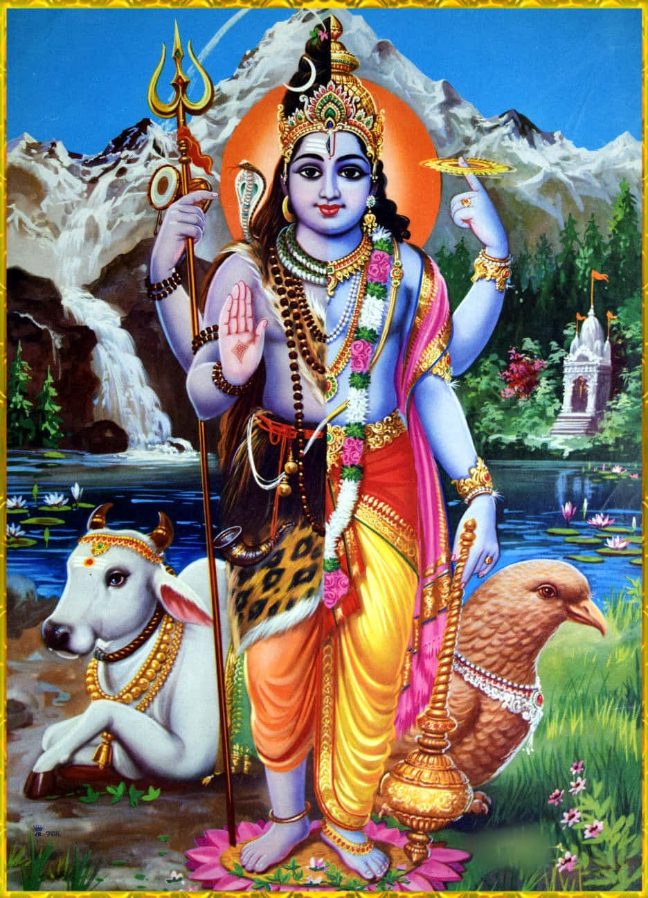 Indian God 桌布 壁紙 — 一位神聖的藍皮膚神祇優雅地站在一頭白牛和一隻棕色鳥旁邊，靠近一個有瀑布和寺廟的山湖。
