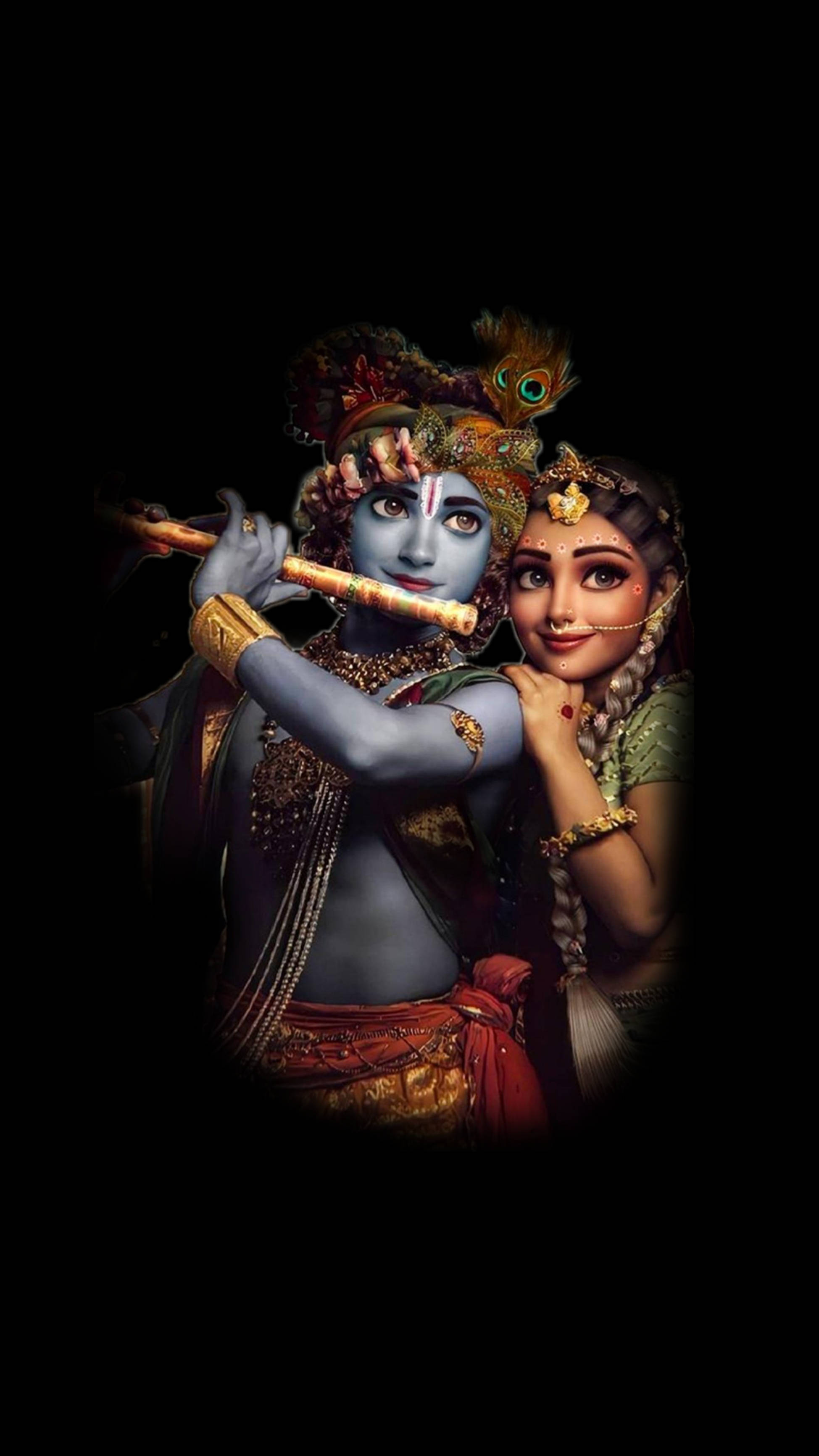 krishna iPhone 桌布 壁紙 — 一位神聖的藍皮膚神祇吹奏長笛，一位優雅的女士在黑暗背景中靠得很近。