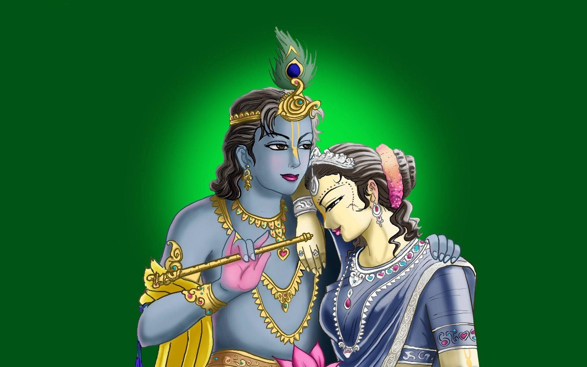 Hindu God 桌布 壁紙 — 一位神聖的藍皮膚神祇戴著孔雀羽毛冠冕，手持長笛，擁抱著一位佩戴珠寶的寧靜女子，背景是發光的綠色。