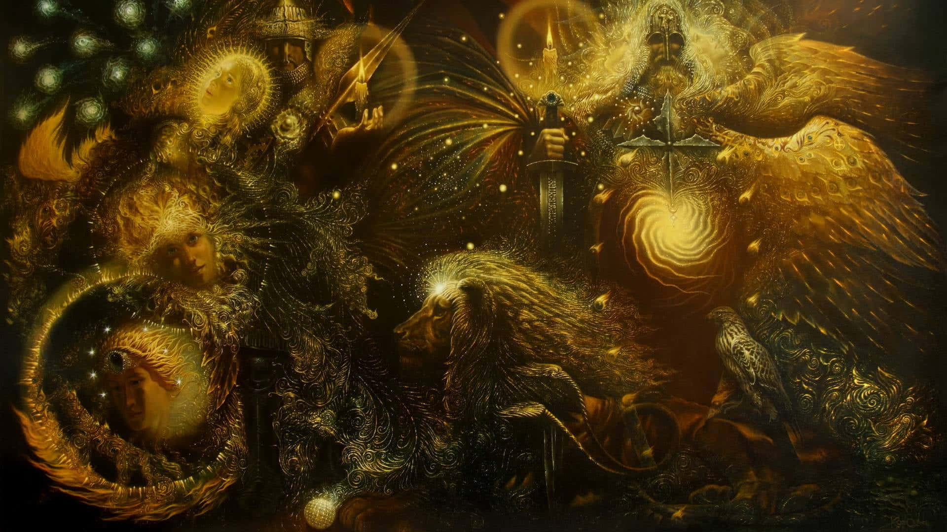 Trippy Art 桌布 壁紙 — 一位神聖的金色天使，擁有翅膀和劍，站在獅子和旋轉的宇宙人物之上，處於神秘黑暗的場景中。