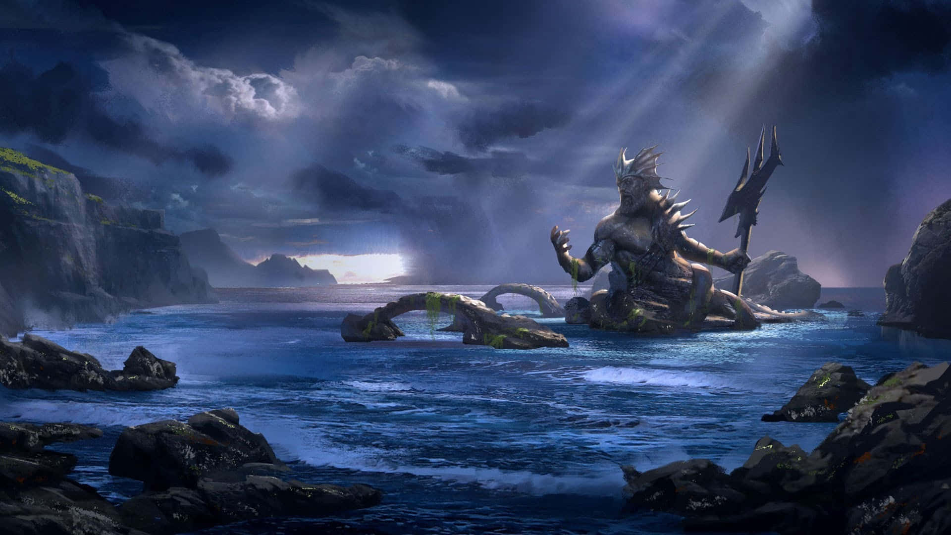 Myths 桌布 壁紙 — 一位神話中的海神，手持三叉戟，頭戴王冠，坐在風暴海洋中的岩石小島上，天空呈現戲劇性的暮色。