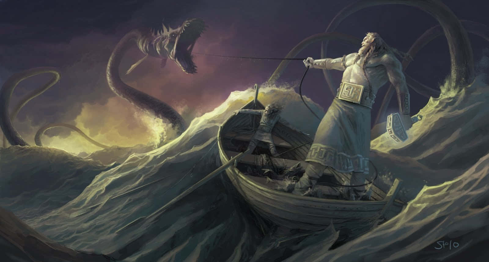 Norse Mythology 桌布 壁紙 — 一位神話戰士在黑暗天空下，從一艘小船中與巨大的海蛇搏鬥，周圍是暴風雨般發光的波浪。