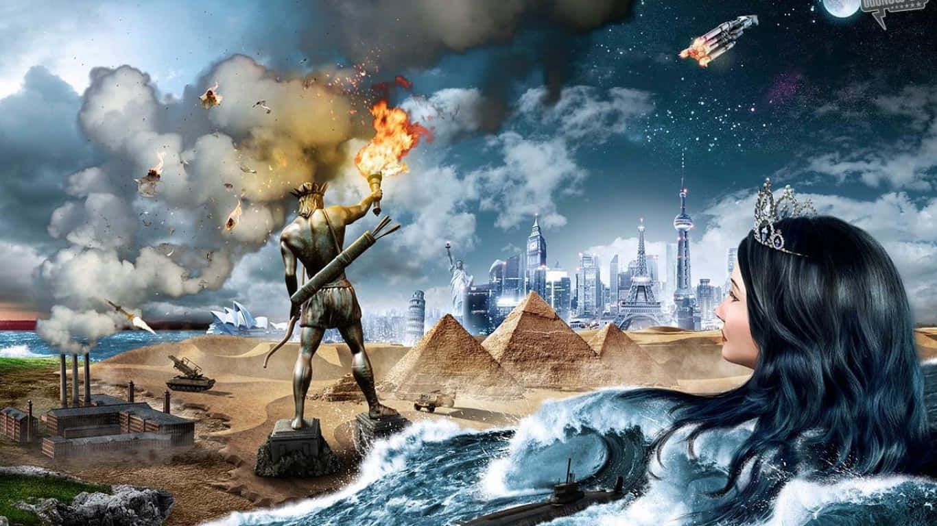 1080p Civilization V 桌布 壁紙 — 一位神話戰士手持燃燒的火炬，而美人魚在暴風雨天空下注視著一幅包含全球地標的超現實拼貼畫，其中有飛行的火箭。