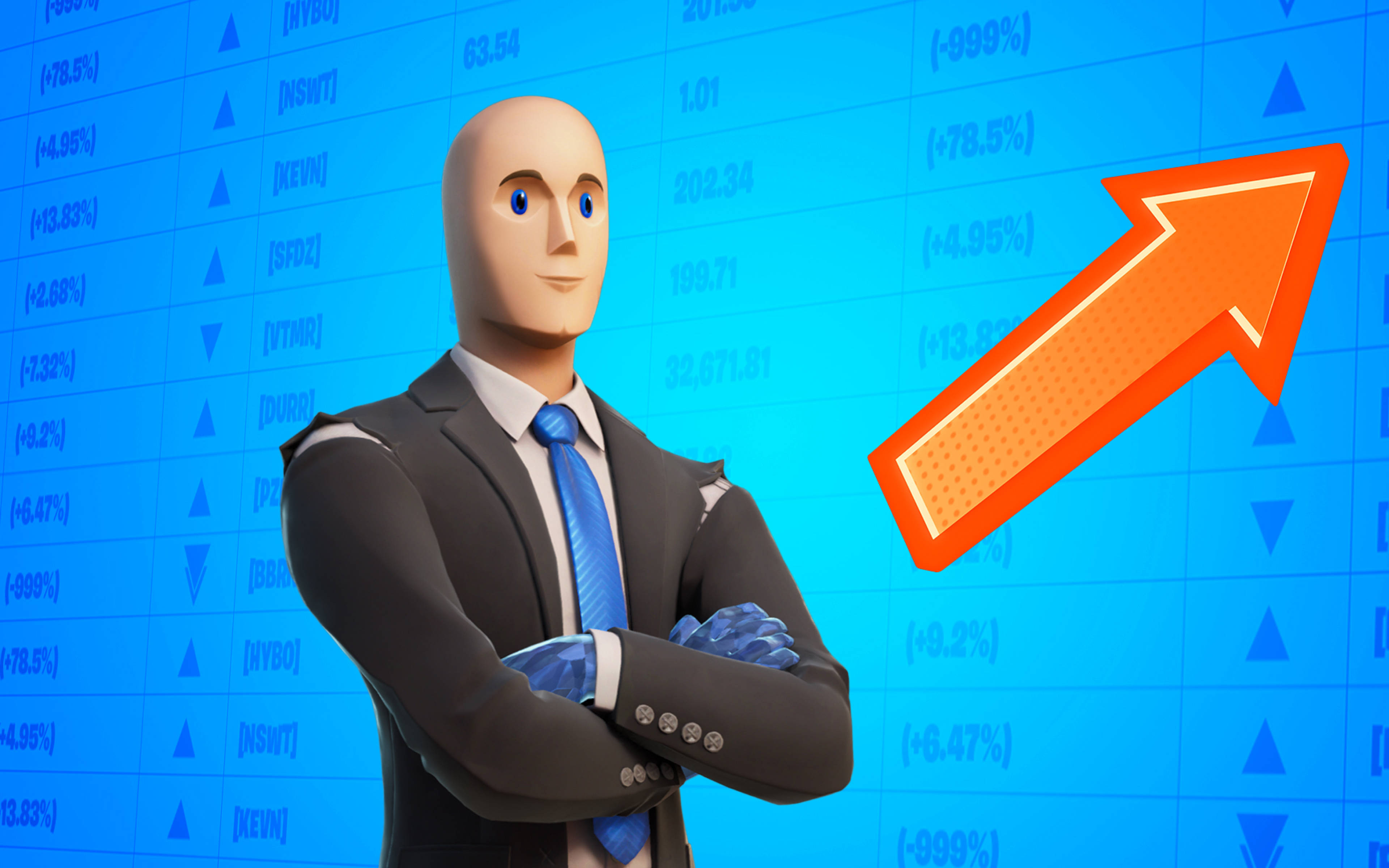 Fortnite 造型 桌布 壁紙 — 一位禿頭商人西裝筆挺，自信地交叉雙臂，站在藍色股市圖表背景前，背景有一個大的橙色向上箭頭。