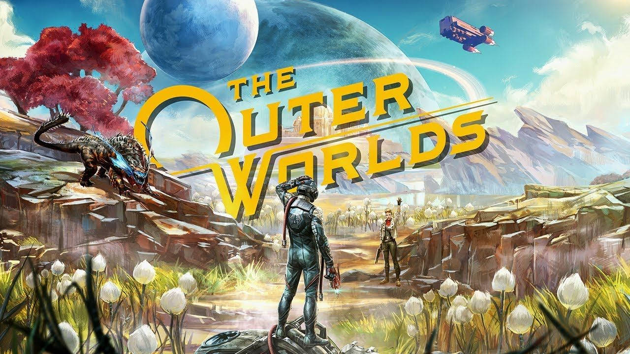 The Outer Worlds 桌布 壁紙 — 一位科幻冒險家站在一個岩石外星行星上，有白色花朵、一棵紅樹和一艘飛船在藍色月亮下。