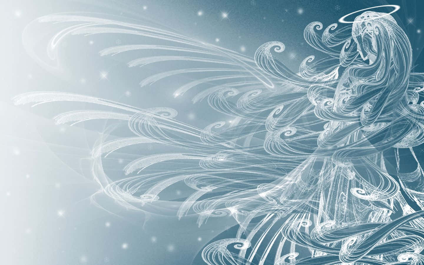 winter solstice 桌布 壁紙 — 一位空靈的天使，帶有流動的白色漩渦和光環，在充滿閃爍粒子的星空藍色天空中滑翔。