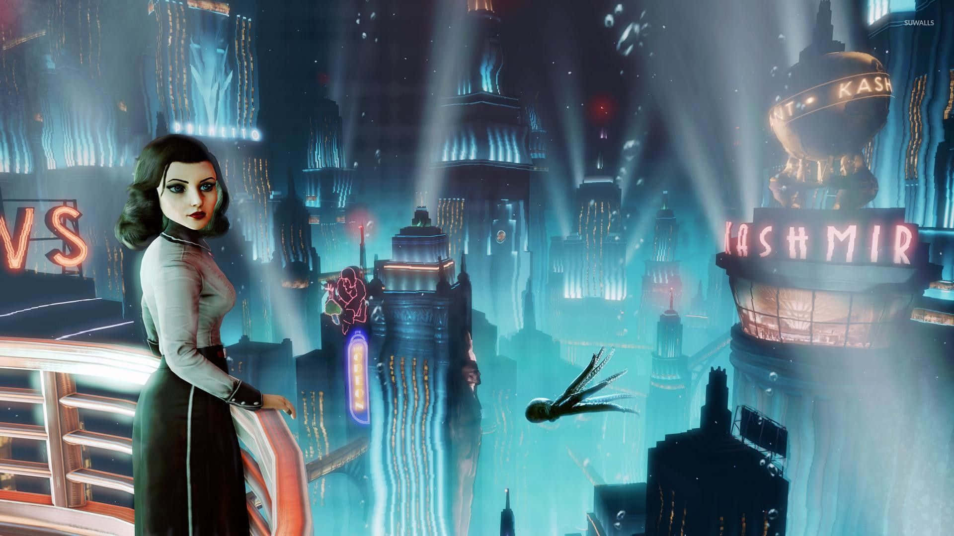 Best Bioshock Infinite 桌布 壁紙 — 一位穿著1940年代連衣裙的女性站在陽台上，俯瞰著霓虹燈閃爍的賽博龐克城市景觀，有飛行車輛和發光的摩天大樓。