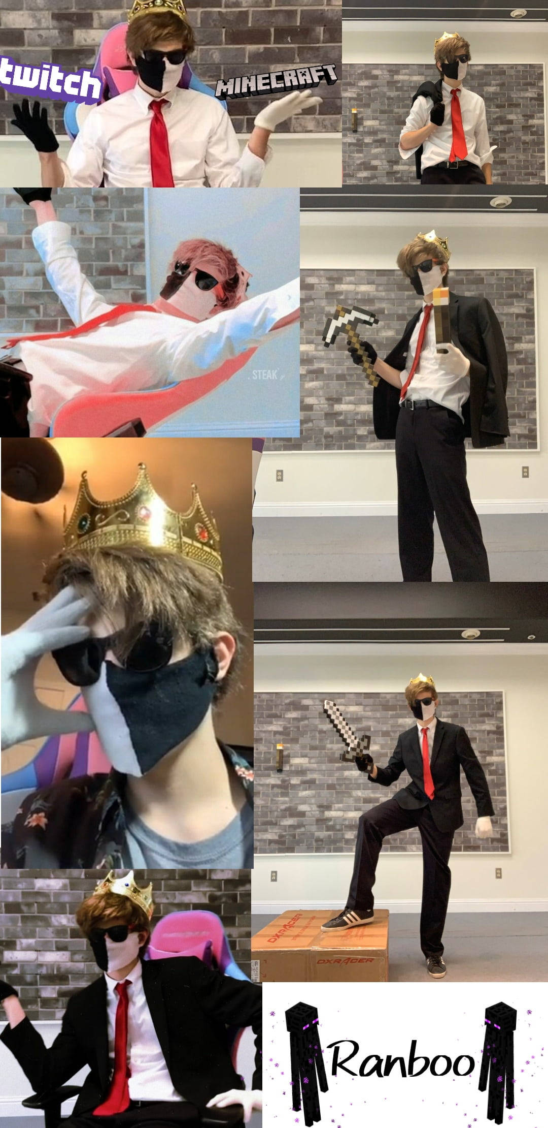 ranboo dsmp 桌布 壁紙 — 一位穿著Minecraft Steve服裝、戴著皇冠和紅色領帶的角色扮演者，在磚牆背景下擺出各種動態姿勢。