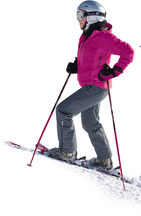ski 桌布 壁紙 — 一位穿著亮粉紅色外套的滑雪者，在雪地上擺好姿勢，準備好滑雪杖準備行動。