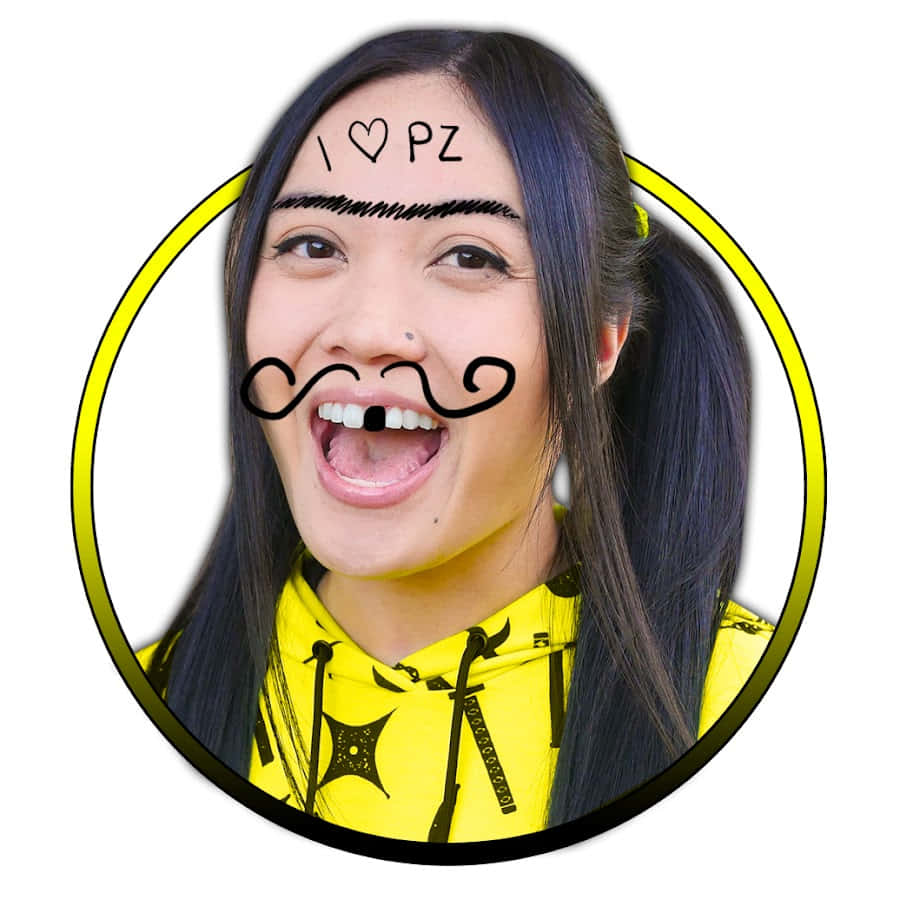 Woman 桌布 壁紙 — 一位穿著亮黃色連帽衫的開朗年輕女子，畫著卡通鬍子，眉毛上方寫著「I heart PZ」，正在大笑。