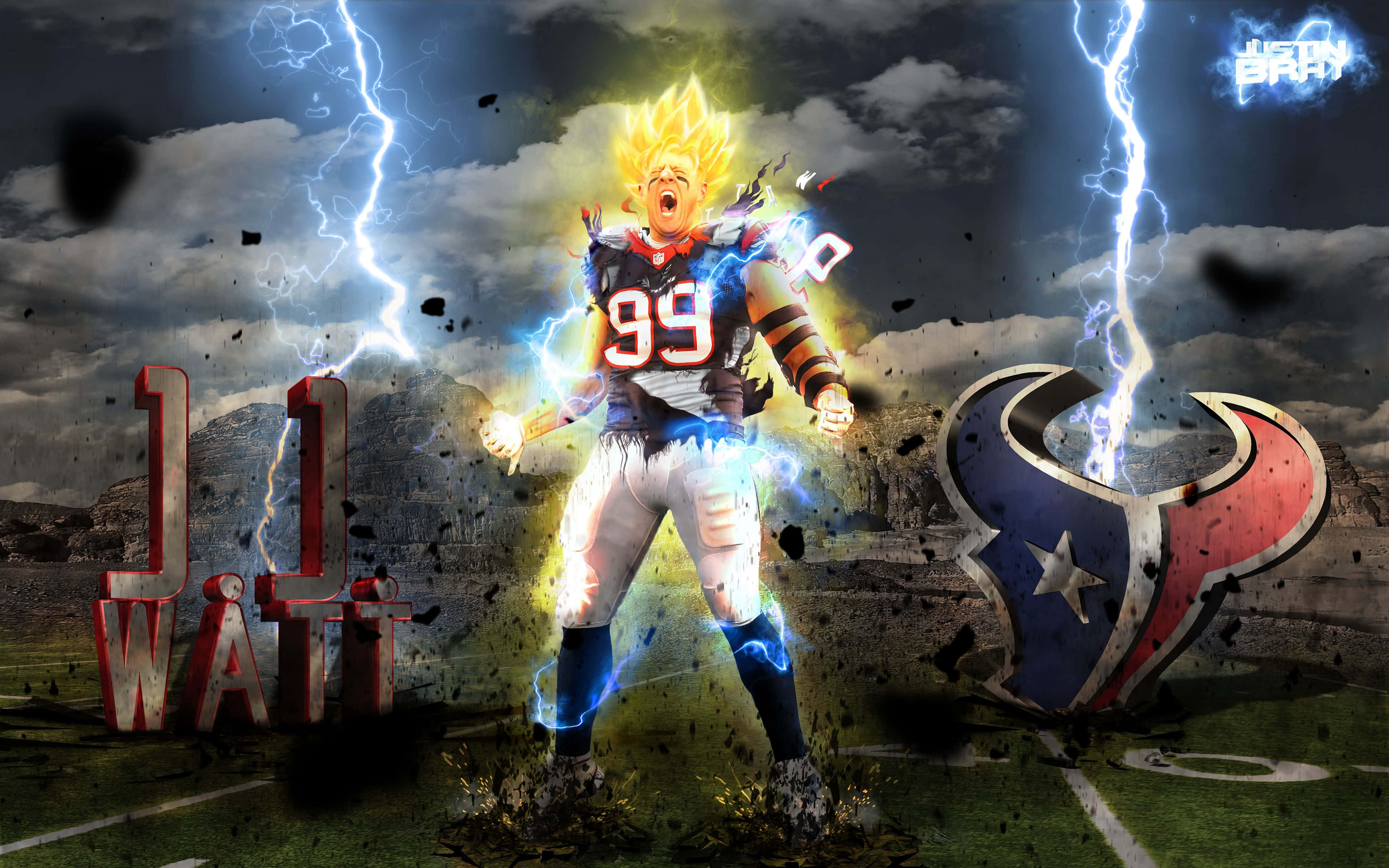 Jj Watt 桌布 壁紙 — 一位穿著休士頓德州人球衣的超級賽亞人足球員在暴風雨場地上咆哮，閃電在他周圍劈啪作響。