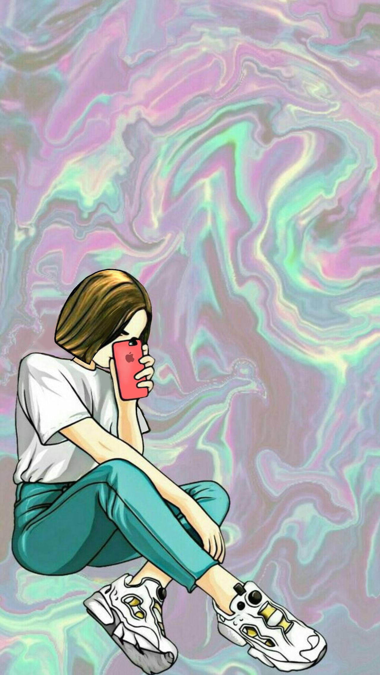 Profile 桌布 壁紙 — 一位穿著休閒服的年輕女性盤腿坐在旋轉的粉彩迷幻背景前，將紅色電話貼在臉上。