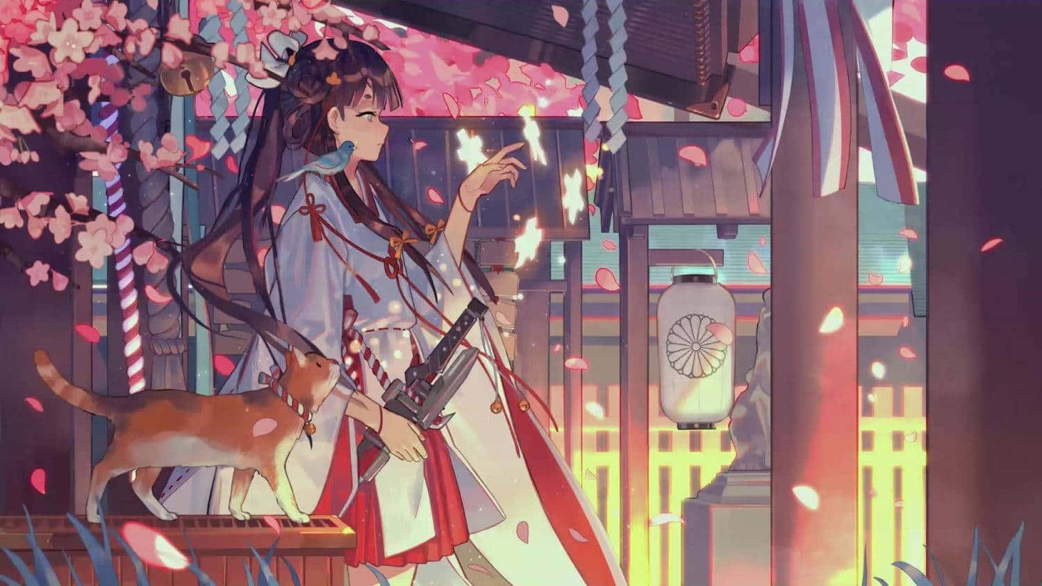 動漫女孩 桌布 壁紙 — 一位穿著傳統和服的年輕動漫女孩，在神社的櫻花下拿著武士刀，旁邊有一隻貓。