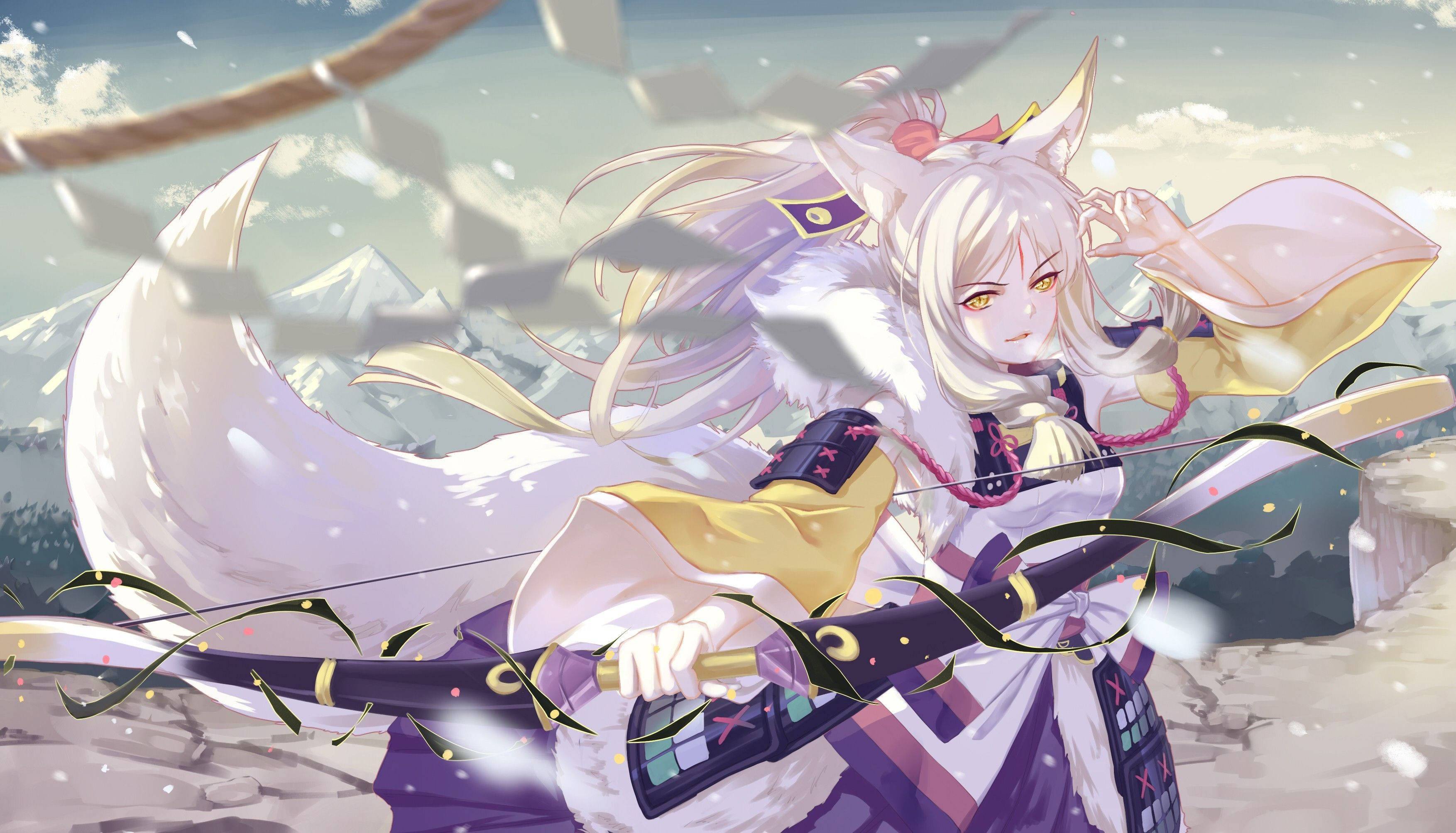 Mobile Gamer 桌布 壁紙 — 一位穿著傳統服飾、擁有狐狸耳朵的動漫女孩，在雪山背景下揮舞著弓箭，花瓣飄落。