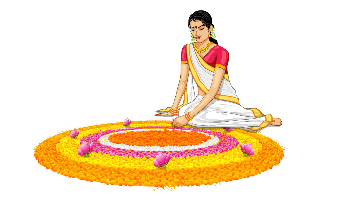 Onam 桌布 壁紙 — 一位穿著傳統服飾的女性優雅地坐著，用橙色、粉紅色和黃色的花瓣創作出充滿活力的花卉藍果麗。