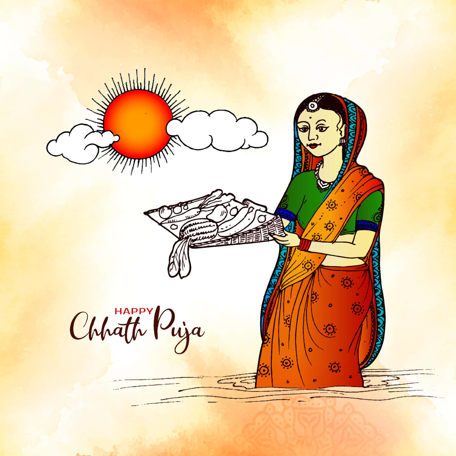 Chhath Puja 桌布 壁紙 — 一位穿著傳統服飾的女性站在水中，在帶有雲朵的燦爛陽光下拿著托盤。