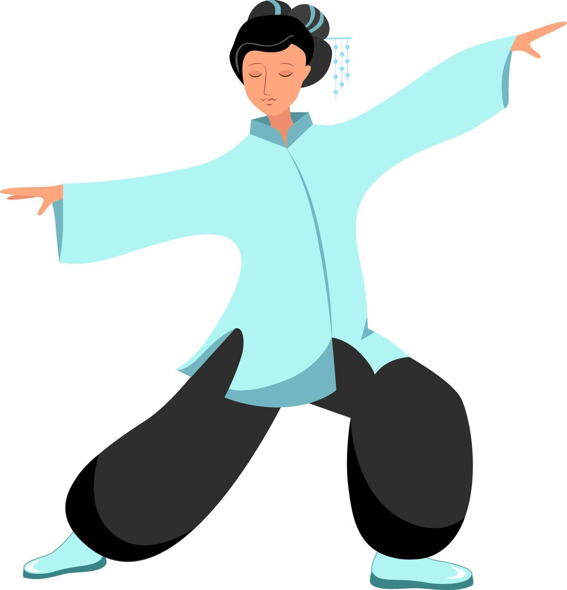 Exercise 桌布 壁紙 — 一位穿著傳統服飾的寧靜女性，伸展雙臂，擺出優雅的武術姿勢。