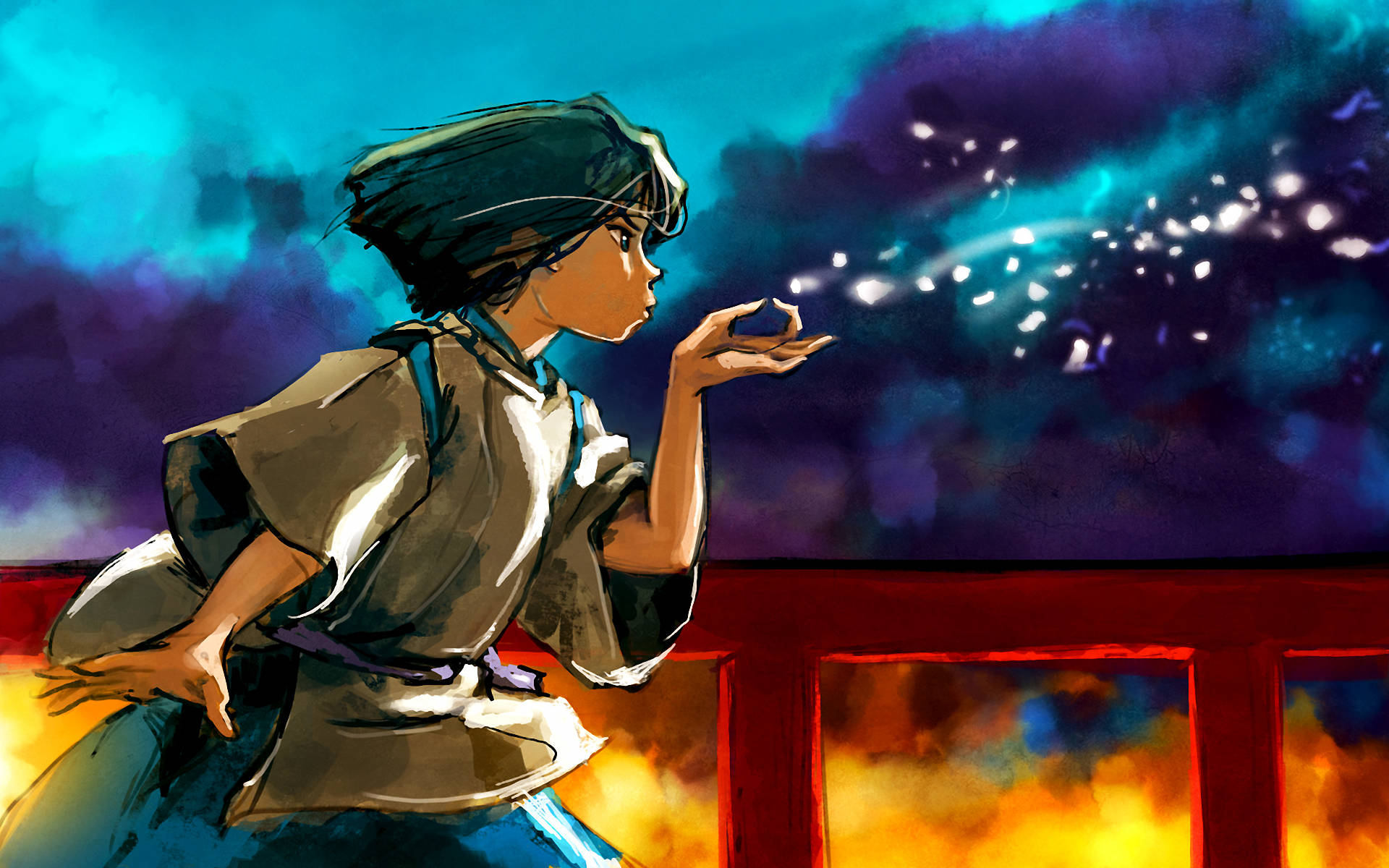 神隱少女 桌布 桌布 壁紙 — 一位穿著傳統服飾的年輕女孩從紅色橋樑欄杆上，將閃爍的火花吹向充滿活力的暮色天空。