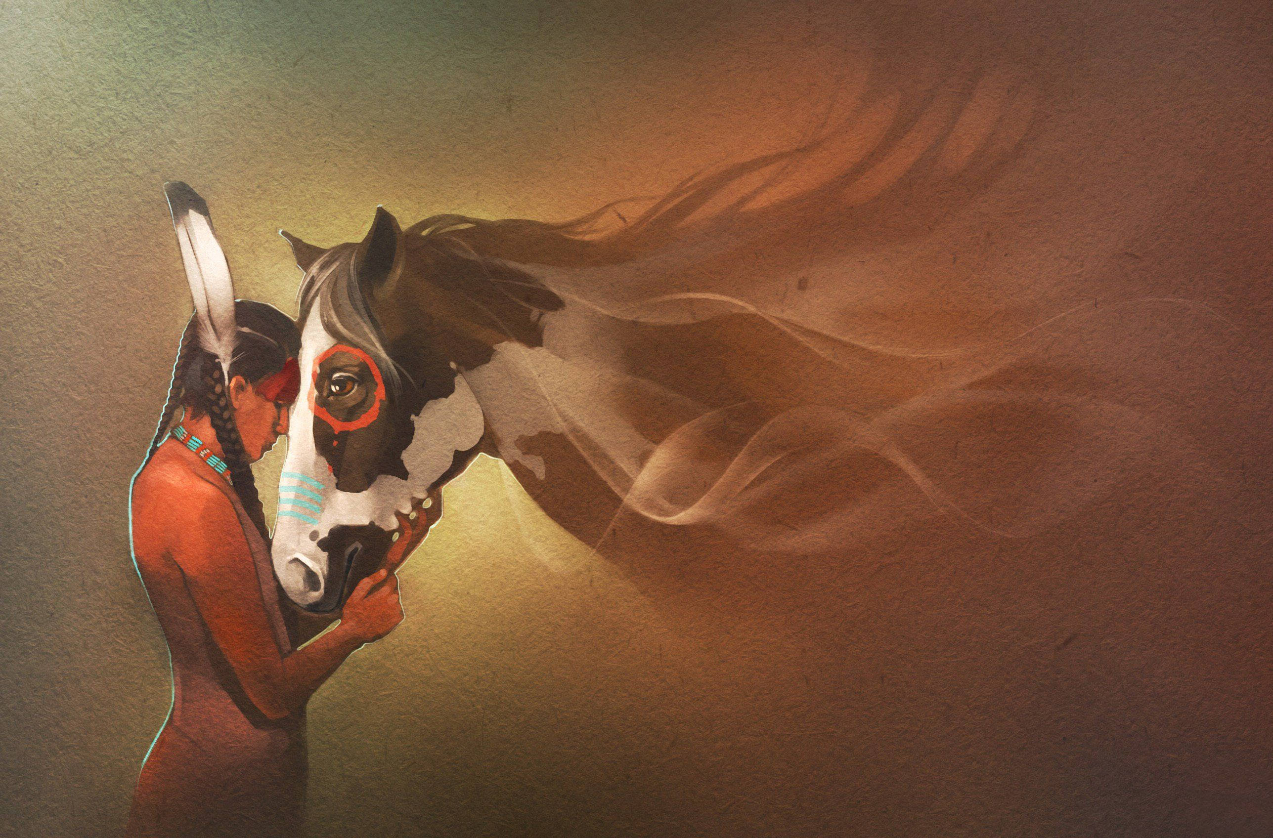 西部 桌布 壁紙 — 一位穿著傳統服飾的美洲原住民女性溫柔地擁抱一匹彩繪馬，風在他們周圍旋轉，呈現溫暖的大地色調。