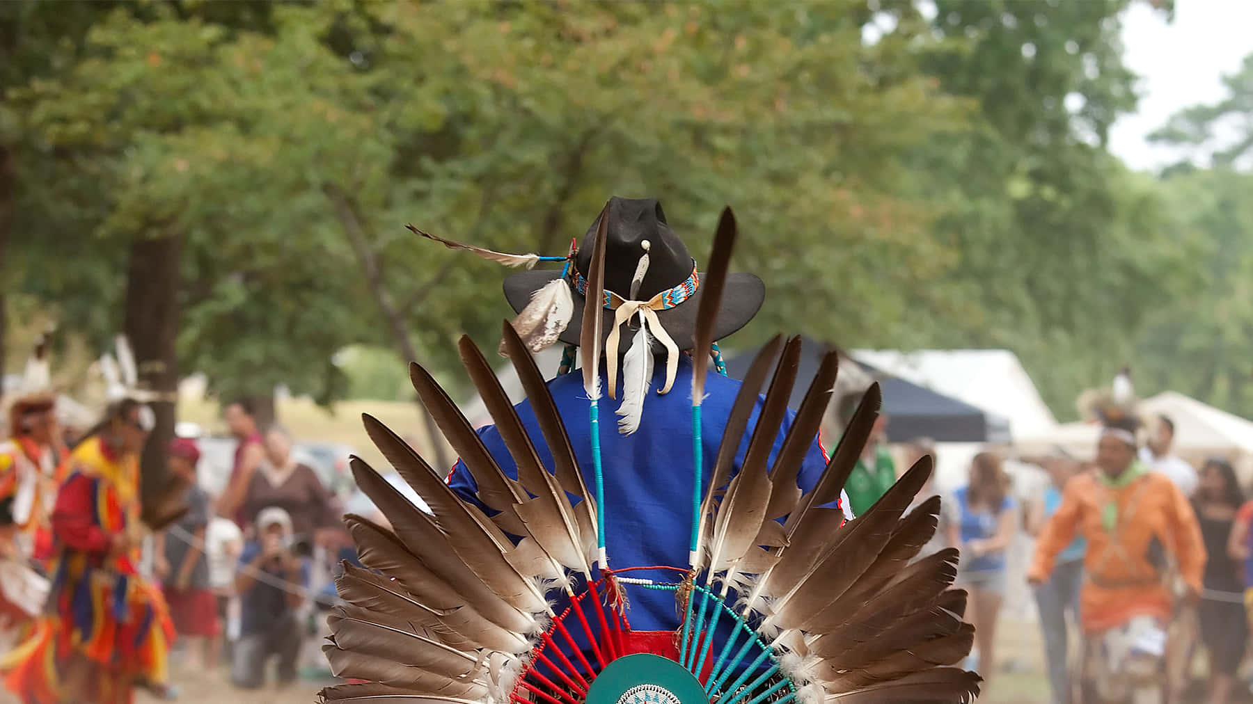 Native American 桌布 壁紙 — 一位穿著傳統美洲原住民服飾、頭戴羽毛頭飾的人，站在綠樹下的文化聚會中。