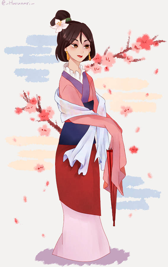 Mulan 桌布 壁紙 — 一位穿著傳統長袍的寧靜動漫女孩站在盛開的櫻花下，身後是柔和粉彩的天空。